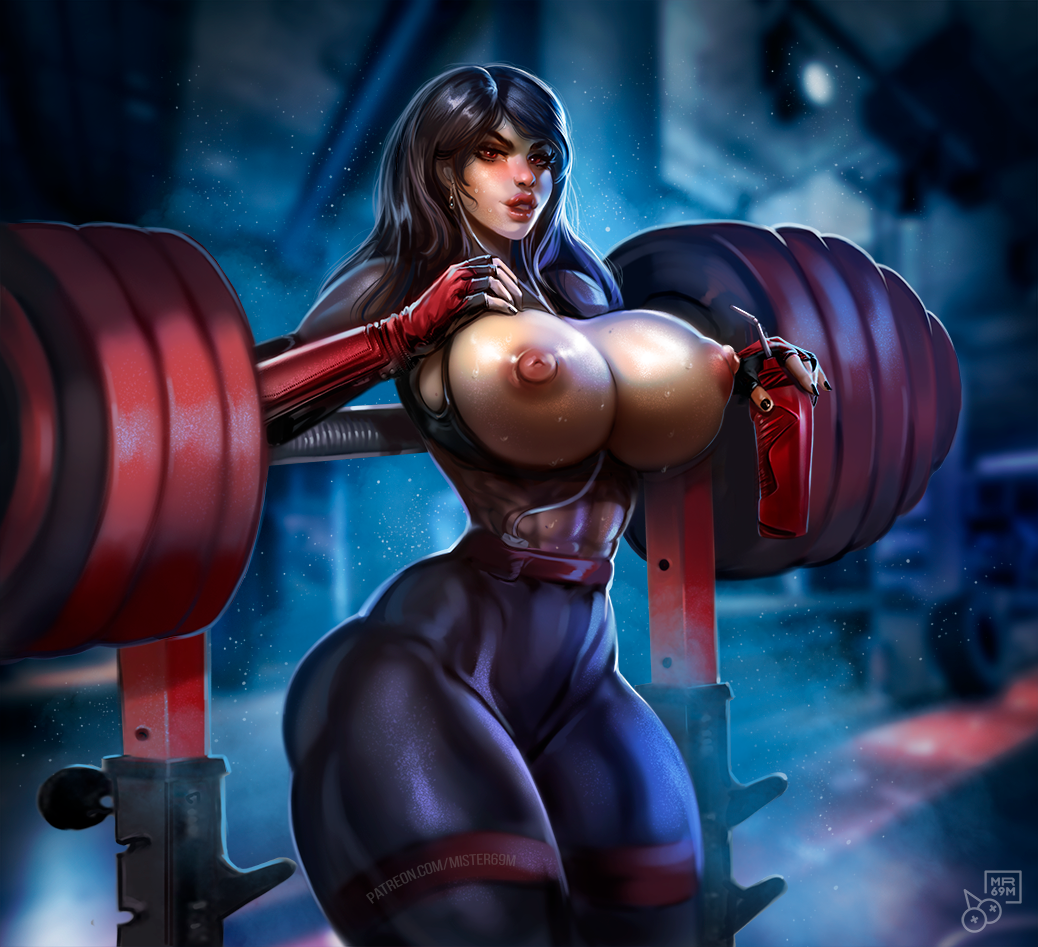 abs, big breasts, big muscles, bimbo, black hair, breasts, dark hair, female, final fantasy, final fantasy vii, huge breasts, huge nipples, long hair, mister69m, muscles, puffy nipples, red eyes, solo, solo female, sweat, tagme, tagme (artist), thick thighs, tifa lockhart, tight clothing, weightlifting, weights, wet