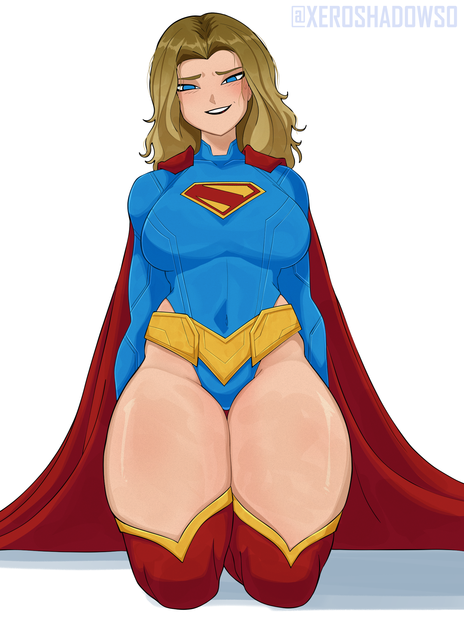 1girls, arms behind back, awkward smile, belt, big breasts, blue eyes, boots, cape, costume, dc, dc comics, dcu, dirty blonde hair, exposed hips, exposed midriff, female, hip cleavage, kara zor-el, kneeling, large breasts, looking at viewer, messy hair, perfect body, pinup, red boots, smiling, smiling at viewer, supergirl, superheroine, superman (series), sweat, thick, thick legs, thick thighs, thigh boots, thigh highs, thighs, unitard, white background, xeroshadows