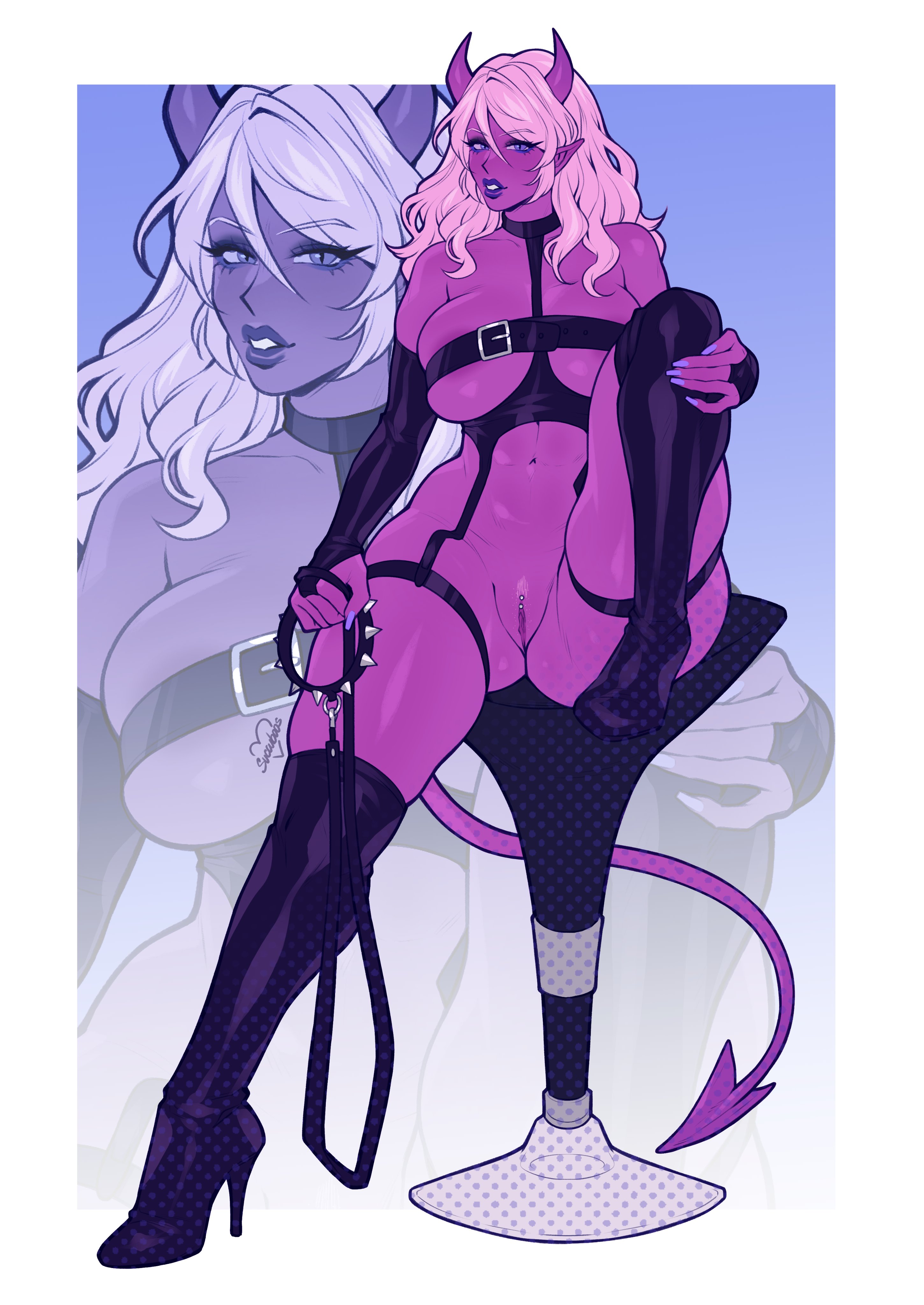 1girls, absurd res, amelie (succuboos), bent leg, big breasts, clitoris piercing, demon, demon girl, demon horns, demon tail, dominatrix, eyelashes, female, female only, genital piercing, high heel boots, horns, knee boots, leash, leash and collar, long hair, looking at viewer, no panties, original, piercing, pink hair, pointy ears, purple eyes, purple lipstick, purple skin, pussy, sitting, slit pupils, solo, spiked collar, succuboos, succubus, tail, thick thighs