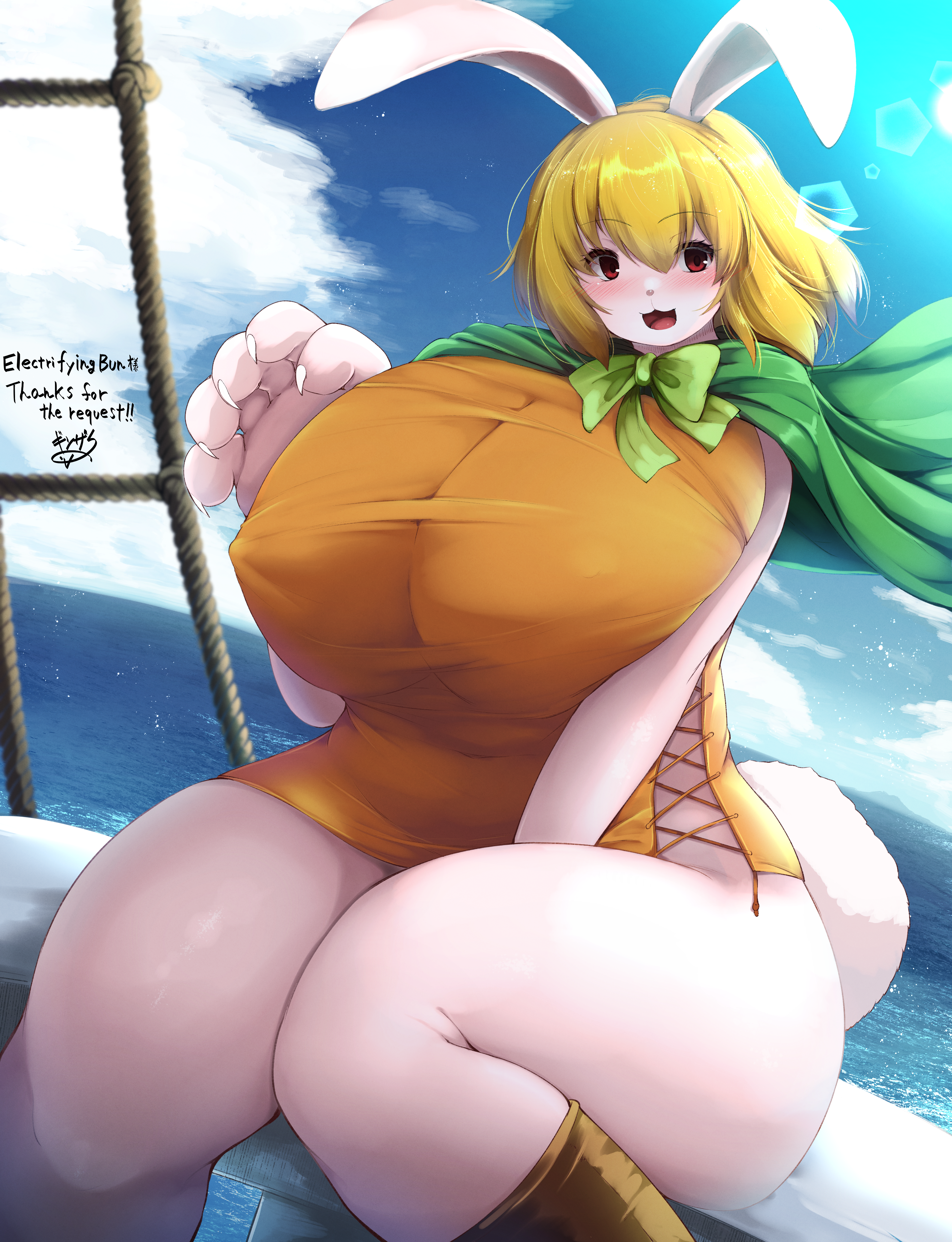 anthro, background, belly, belly button, big breasts, blonde hair, blonde-haired female, blush, blushing at viewer, bowtie, breasts, breasts bigger than head, brown eyes, bunny, bunny ears, bunny girl, bunny tail, bunnygirl, carrot, carrot (one piece), clothed, clothing, female, female only, ginzake (mizuumi), green cape, huge breasts, huge female, huge thighs, large breasts, large thighs, larger female, nipples, nipples visible through clothing, ocean, one piece, orange clothing, rabbit, rabbit ears, rabbit girl, rabbit humanoid, rabbit tail, seated, shounen jump, sitting, smile, smile at viewer, sunlight, thighs, tits bigger than head, wide hips, wide thighs