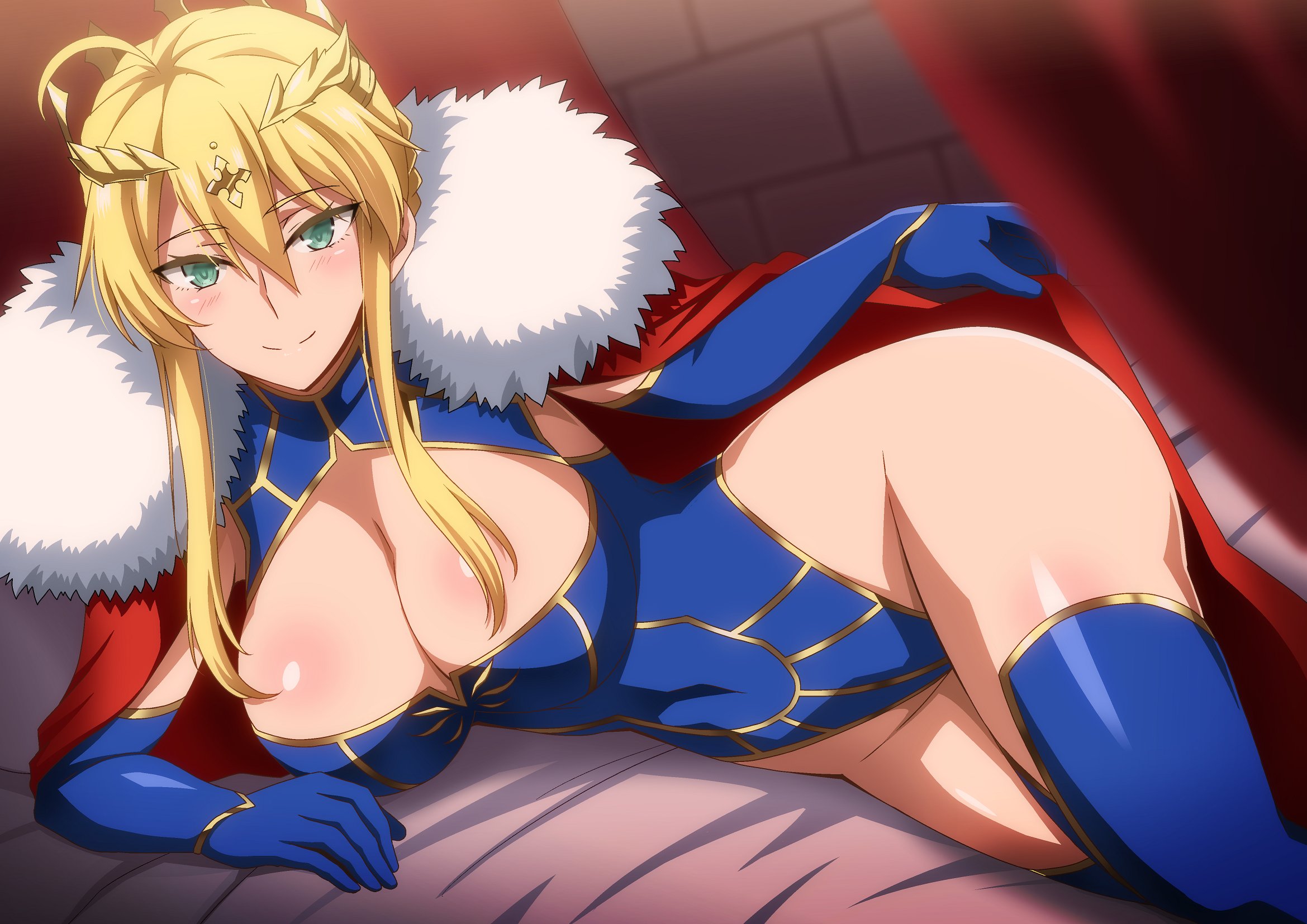 1girls, 2021, ahoge, arm support, artoria pendragon, artoria pendragon (lancer), blonde hair, blue gloves, blue leotard, blue thighhighs, blush, blushing at viewer, braided hair, breasts, cape, cleavage, cleavage cutout, clothed, crown, fate (series), fate/grand order, female, female focus, female only, fur collar, gloves, green eyes, hara (harayutaka), highleg leotard, hips, hourglass figure, huge breasts, imminent sex, invitation, leotard, long gloves, long hair, looking at viewer, lying on bed, lying on side, red cape, royalty, shiny skin, simple background, slim waist, smile, smiling at viewer, thick thighs, thighhighs, thighs, white fur, wide hips
