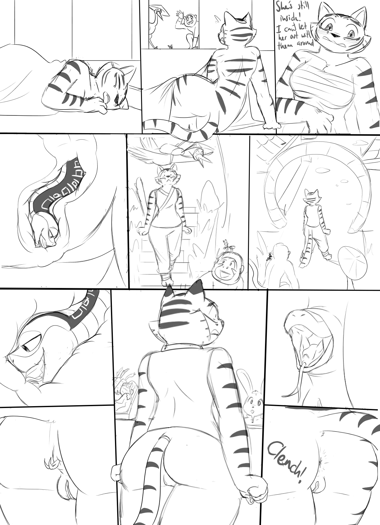 almost caught, anal, anal head gulp, anal vore, anthro, anus, awkward, blush, clenched anus, clothed, clothing, dreamworks, embarrassed, female, female/female, feral, fully clothed, genitals, group, hi res, kung fu panda, livinlovindude, male, master crane, master mantis, master monkey, master tigress, master viper, monochrome, mostly nude, nervous, nude, public, safe vore, sleeping, snaked, stealth vore, text, tongue, tongue out, training, vore, vulva, waking up
