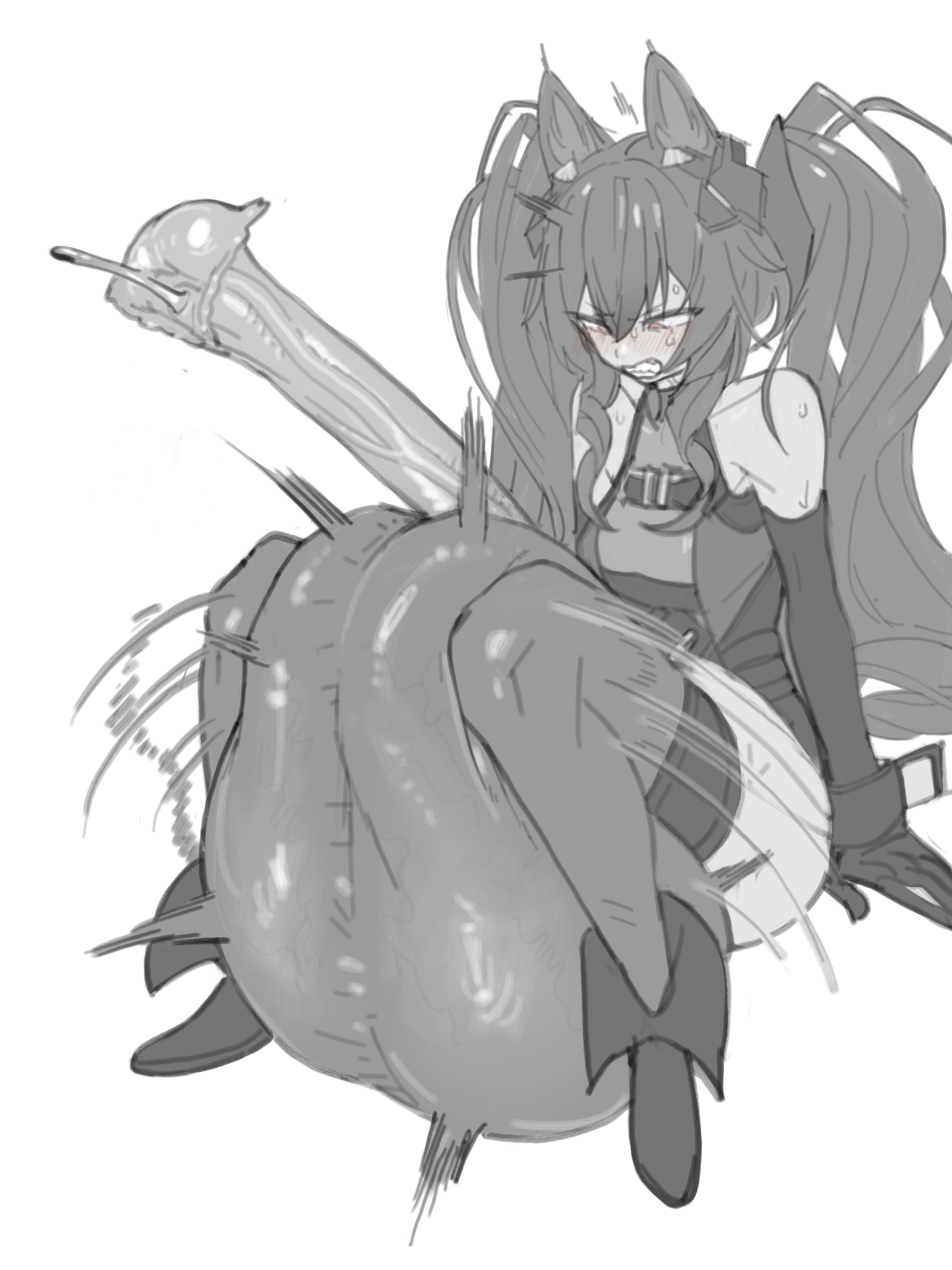 1futa, animal penis, arknights, arknights: endfield, ball busting, balls squeeze, blush, churning, churning balls, clenched teeth, clothed, clothing, cock vore, crazy eyes, cum digestion, cum transformation, fox ears, fox girl, futa masturbation, futa on male, futa only, futanari, gigantic balls, gilberta (arknights: endfield), greyscale, hitobashira (1746164306), horsecock, huge balls, huge cock, hung futa, hyper balls, inside balls, large breasts, long hair, masturbation, monochrome, mouth drool, nude female, precum, red eyes, sitting, smile, solo, spread legs, squeezing balls, sweat, tails, thick thighs, twin, victim alice, vore, wide eyed
