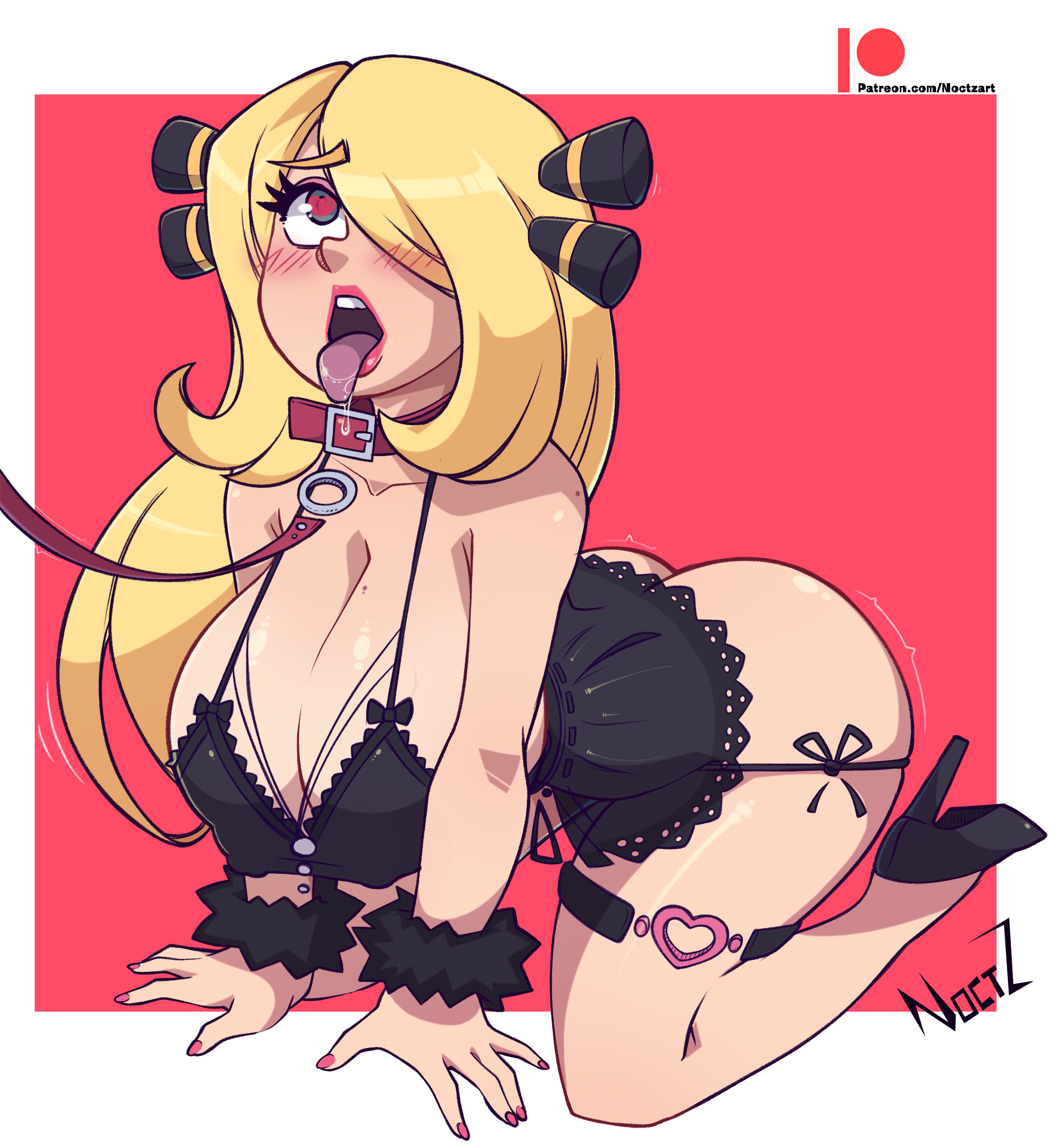 1girls, all fours, alternate breast size, bdsm, blonde hair, bondage, breasts, busty, cleavage, collar, cynthia (pokemon), female, female focus, female only, femsub, happy sub, heart-shaped pupils, high heels, hourglass figure, large breasts, leash, lipstick, milf, nail polish, nintendo, noctz, open mouth, petplay, pink lipstick, pink nails, pokemon, pose, posing, saliva, solo female, tongue, tongue out, wide hips