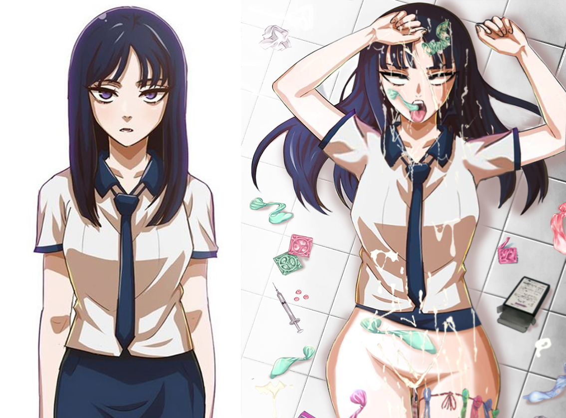 2koma, ahe gao, before and after, broken rape victim, censored, condom, condom belt, condom in mouth, cum in mouth, cum in pussy, cum on face, edit, female, instant loss 2koma, lowres, manhwa, needle, pussy, rape, school uniform, sex, split screen, used condom