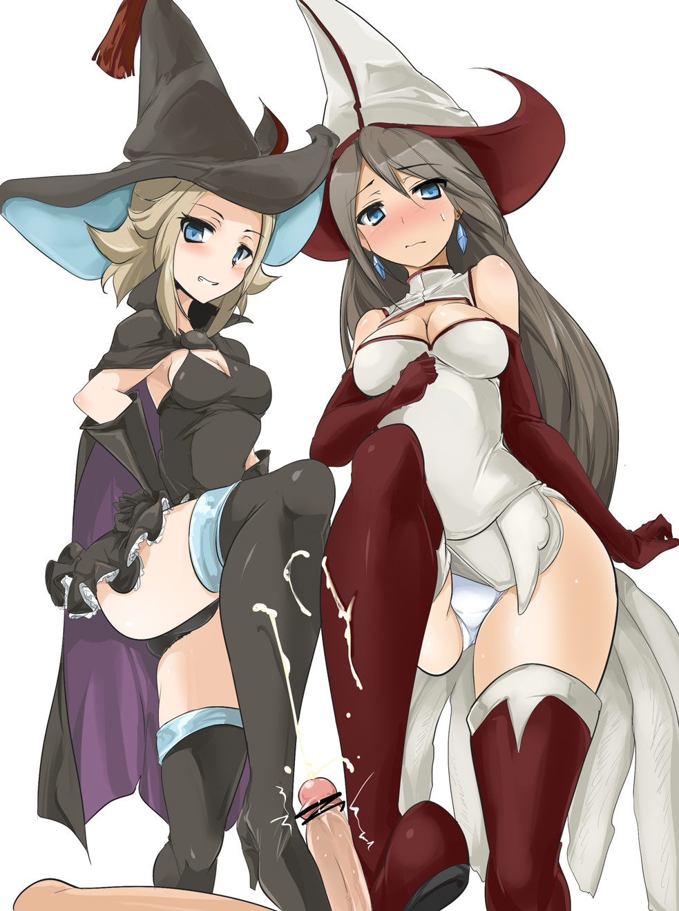 1boy 2girls bar_censor big_breasts black_eyebrows black_panties blonde_hair blue_eyes blush bootjob boots bravely_default breasts censored clothed_female clothed_female_nude_male cum cum_on_boots dress earrings ejaculation erect_penis erection eyes_visible_through_hair female femdom footjob gloves grey_hair hand_on_hip large_breasts long_hair looking_down male malesub pale-skinned_female pale_skin pantyshot_(standing) shoejob smile standing standing_footjob sweat thigh_boots white_background white_panties wide_hips witch witch_hat wizard wizard_hat