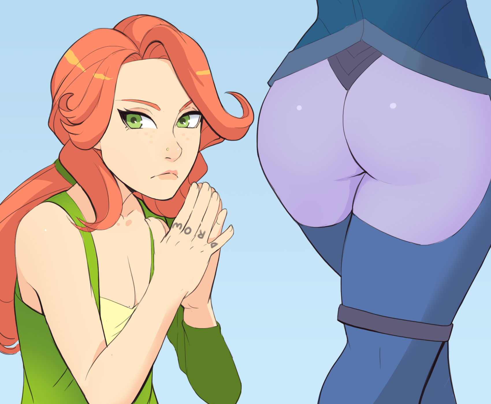 ass, ass focus, clothed, dota, dota 2, drow ranger, green eyes, greenmarine, meme, purple skin, red hair, thighhighs, windranger