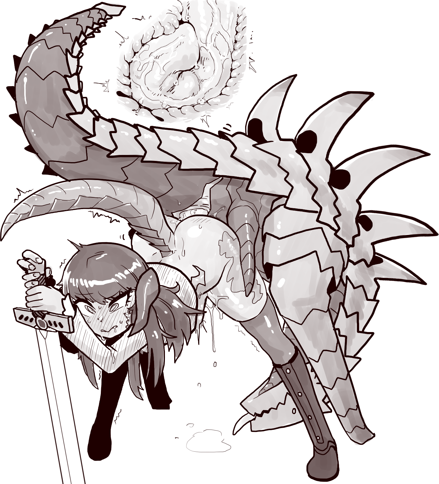 1monster, 1other, alyx quintessence, ambiguous gender, au ra, blush, dracophilia, dragon, dragon tail, final fantasy, final fantasy xiv, from behind, male, male penetrating, monochrome, monster cock, penetration, penis, precum, precum leaking, sex, stomach bulge, tail, thetenk, x-ray, zoophilia