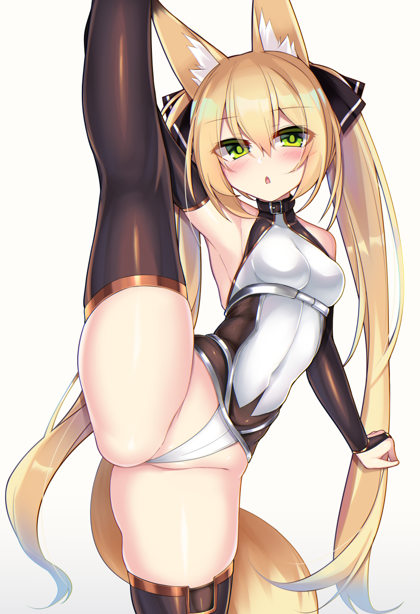 animal_ear_fluff animal_ears bangs bare_shoulders black_gloves black_legwear blonde_hair blush breasts chestnut_mouth clothed collar covered_navel elbow_gloves eyebrows_visible_through_hair female fox_ears fox_tail gloves green_eyes halterneck highres kutan leg_up leotard long_hair looking_at_viewer original small_breasts solo splits standing standing_on_one_leg tail thighhighs twintails vertical_splits white_background