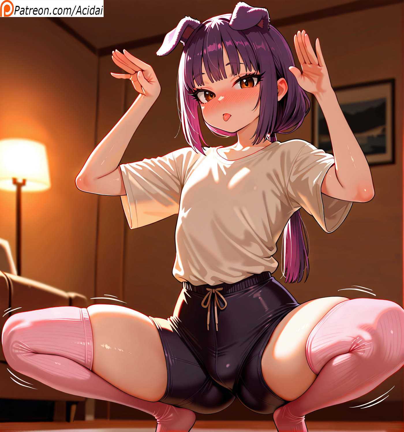 1boy, acidai, ahe gao, ahegao face, ai generated, blush, brown eyes, bulge, bulge through clothing, cheeky, cheeky smile, cute, cute outfit, dog ears, dog pose, erection, femboy, feminization, flat breast, flat breasts, gay, genderswap (mtf), indoors, jogging pants, long hair, low ponytail, male, penis, petite, ponytail, pov, puppy, purple hair, readhead, shorts, shy, socks, solo, solo focus, spread legs, squatting, straight, sweat, sweatdrop, thick ass, thick thighs, thighhighs, thighs, tongue, tongue out, track pants, twitching, uncensored, yaoi