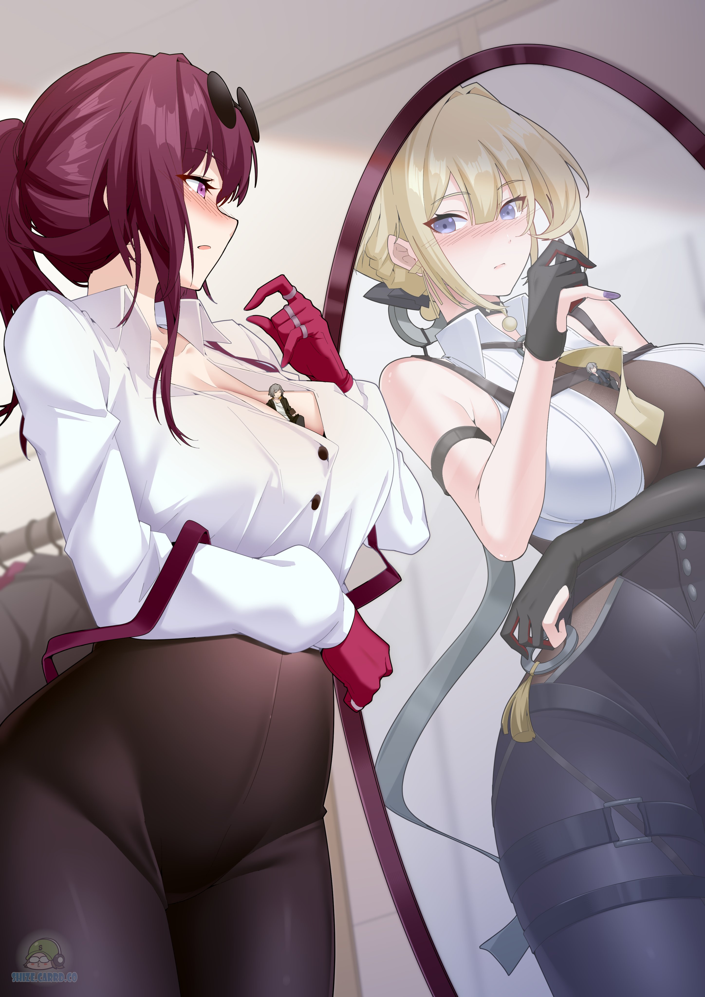 1boy, 2girls, between breasts, big breasts, breasts, caelus (honkai: star rail), clothed, clothed female, clothed male, doppelganger, evelyn chevalier, giantess, honkai: star rail, kafka (honkai: star rail), large boobs, large breasts, light skin, light-skinned female, mirror, shizeart, shrunk, shrunken male, video game character, wise (zenless zone zero), zenless zone zero