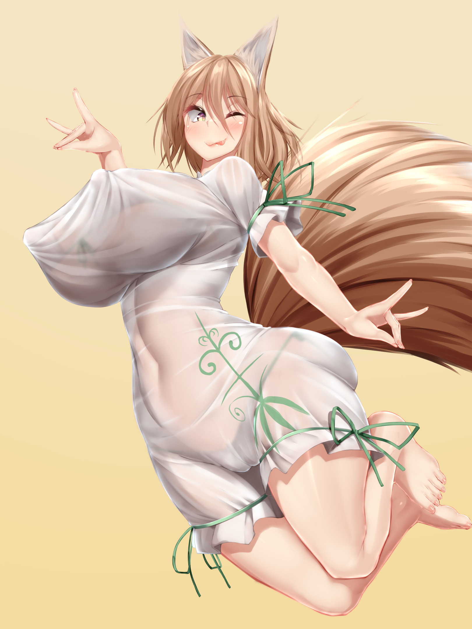 barefoot, bra visible through clothes, breasts, feet, female, fox girl, kawahagitei, kudamaki tsukasa, large breasts, panties visible through clothing, tagme, touhou