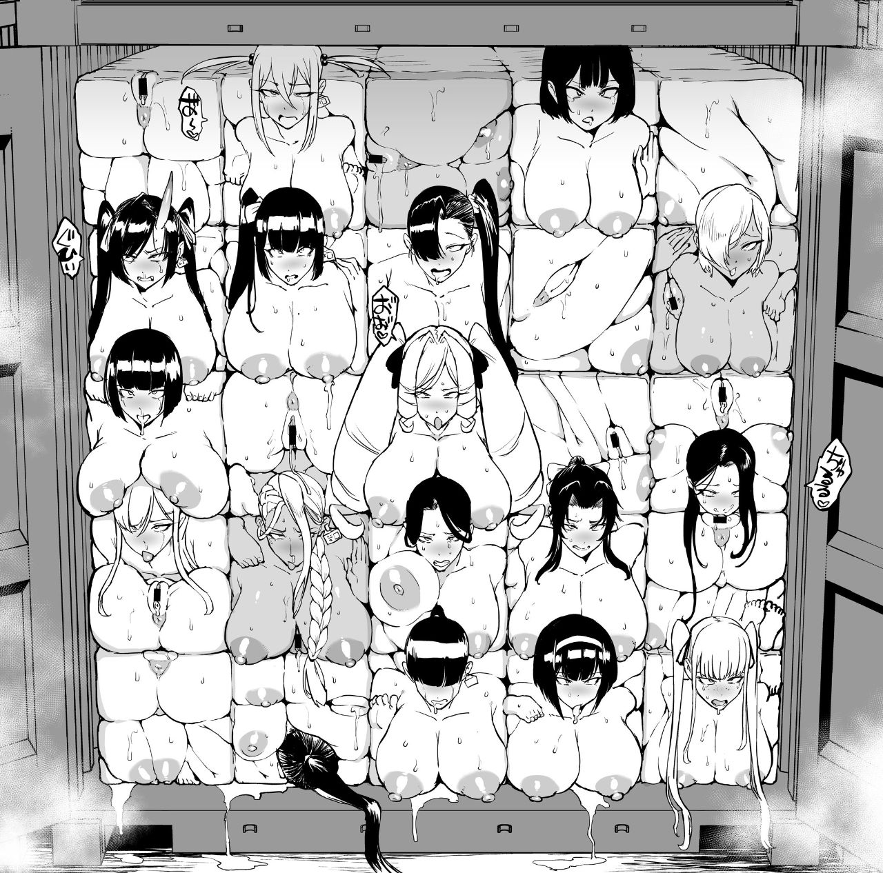 ahegao, anus, artist request, autocunnilingus, bangs, bangs between eyes, bangs over eyes, bangs over one eye, big breasts, black hair, blonde, blush, blushing, bob cut, breasts, breath cloud, cramped, cube transformation, delivery, female only, hair, horn, human trafficking, japanese text, long hair, monochrome, nude, nude female, oni, oni female, open mouth, ponytail, ponytails, pussy, pussy juice, ringlets, short hair, side ponytail, tan body, tan skin, text bubble, tongue out, truck, white skin
