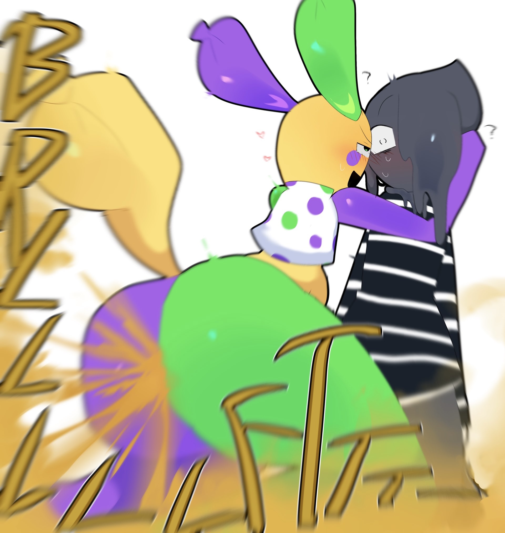 2boys, ass focus, balloon animal, blot (dandy's world), blush, butt focus, confused, dandy's world, eye contact, fart, fart cloud, fart fetish, hearts around head, looey (dandy's world), male fart, onomatopoeia, question mark, roblox, simple background