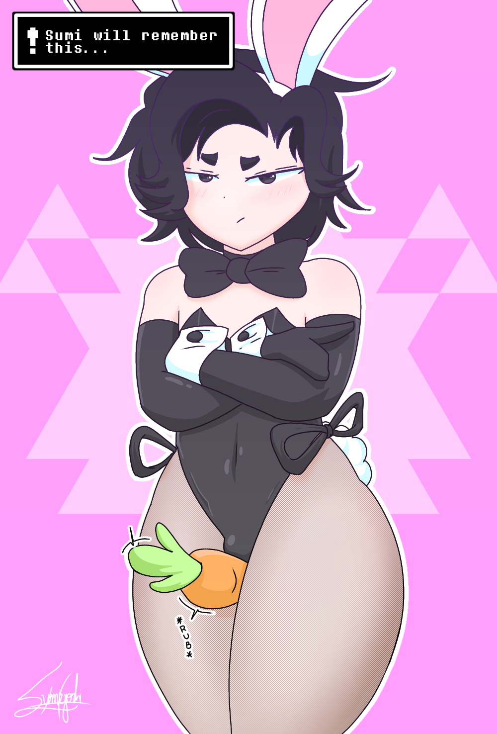 angry angry_face black_eyes black_hair blushed bunny_costume bunny_ears bunny_tail bunnysuit carrot clothing femboy original original_character pink_background sumiyoshi sumiyoshi_human_oc thick thick_thighs