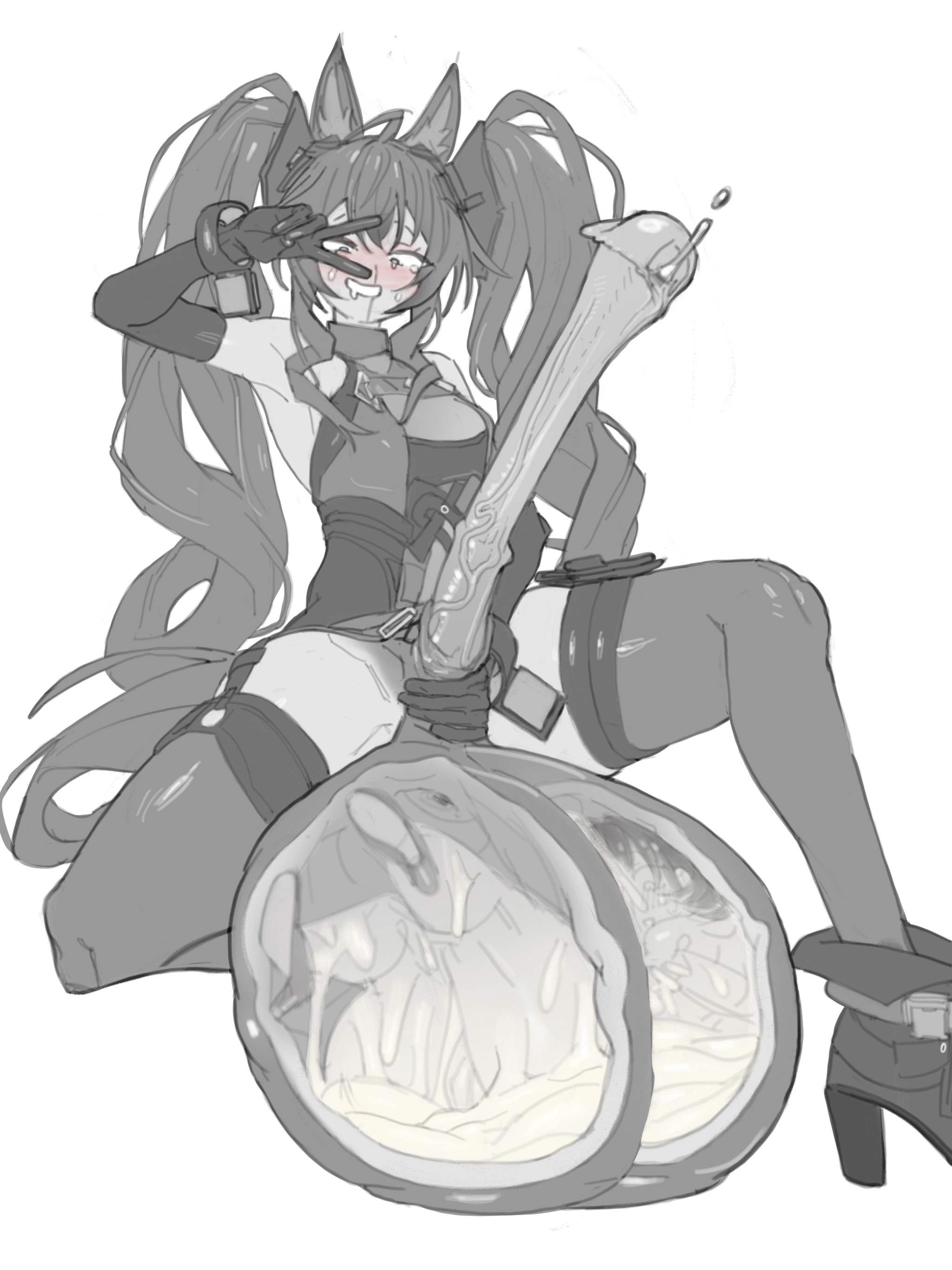 1futa, 1girls, animal penis, arknights, arknights: endfield, blush, clothed, clothing, cock vore, crazy eyes, cum bath, cum in balls, endministrator (arknights: endfield), female, female endministrator (arknights: endfield), fox ears, fox girl, futa focus, futa masturbation, futa on female, futanari, gigantic balls, gilberta (arknights: endfield), greyscale, height difference, hitobashira (1746164306), horsecock, huge balls, huge cock, hung futa, inside balls, large breasts, long hair, masturbation, monochrome, mostly clothed, mouth drool, nude female, peace sign, precum, shoes only, sitting, smile, solo focus, spread legs, sweat, thick thighs, twintails, victim alice, vore, wide eyed, x-ray