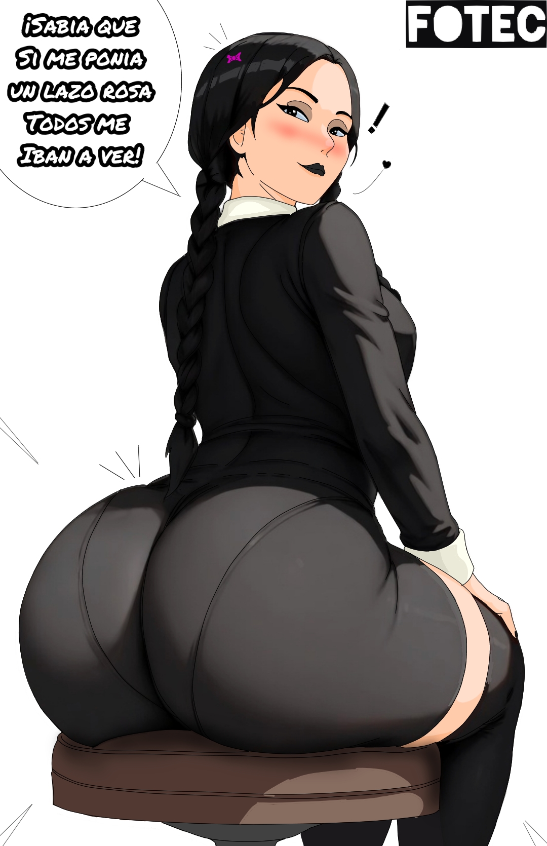 1girls, ass, ass bigger than head, ass bigger than torso, ass focus, big ass, black clothing, black eyes, black hair, black lips, black lipstick, black stockings, blush, booty, bubble ass, bubble butt, buttcheeks, curvaceous, dark clothing, dark lipstick, female, female only, fotec, goth, goth girl, goth makeup, gothic, gothic girl, gotica, gotica culona, heart, heart symbol, lips, lipstick, makeup, pigtail, seducing, seduction, seductive, seductive body, seductive eyes, seductive look, seductive mouth, seductive pose, seductive smile, sexy, sexy body, sexy female, sexy pose, sitting, sitting on chair, solo, spanish, spanish dialogue, spanish text, stockings, talking, talking to viewer, text, text box, text bubble, the addams family, thick, thick hips, thick legs, thick lips, thick thighs, thighhighs, thighs, threesome, twintails, underwear outline, wednesday (netflix), wednesday addams