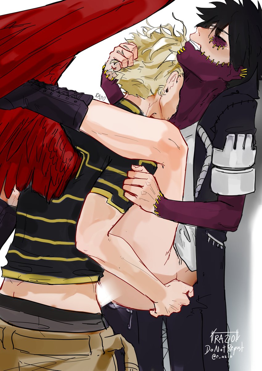 2boys anal anal_sex black_hair blonde_hair boku_no_hero_academia burn_scar carrying censored censored_penis closed_eyes clothing dabi feathered_wings gay grabbing_hair gritted_teeth hair_grab hawks_(my_hero_academia) keigo_takami legs_up male male/male male_only male_penetrated male_penetrating male_penetrating_male my_hero_academia razio scar scars stand_and_carry_position takami_keigo todoroki_touya touya_todoroki wings yaoi