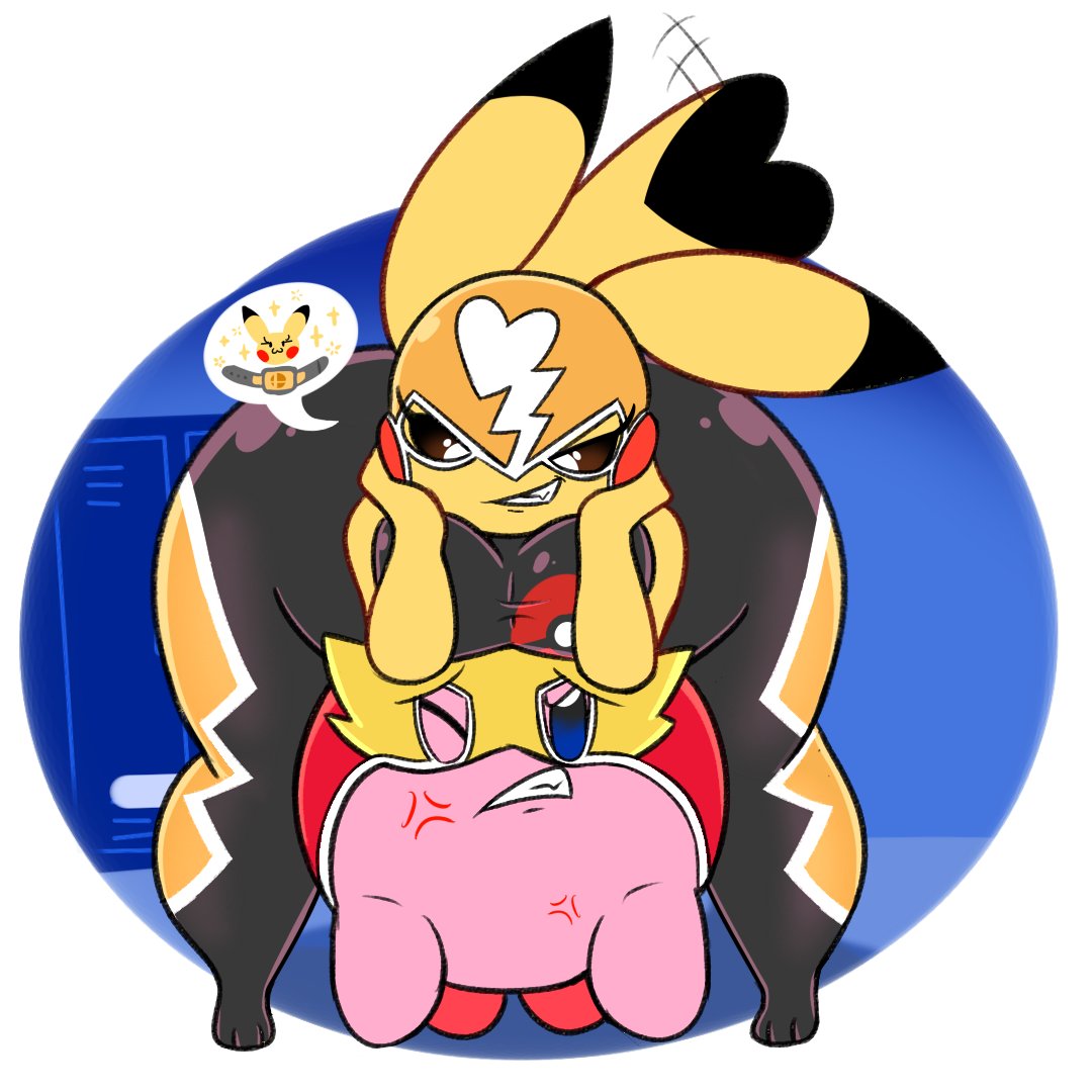 angry, angry face, big breasts, blue eyes, breasts, brown eyes, cosplay pikachu, female, kirbot12, kirby, kirby (series), looking at viewer, male, nintendo, nintendo switch, pikachu, pikachu libre, pink body, pink skin, pokémon (species), pokemon, pokemon (species), red feet, super smash bros., super smash bros. ultimate, taunting, yellow body, yellow skin