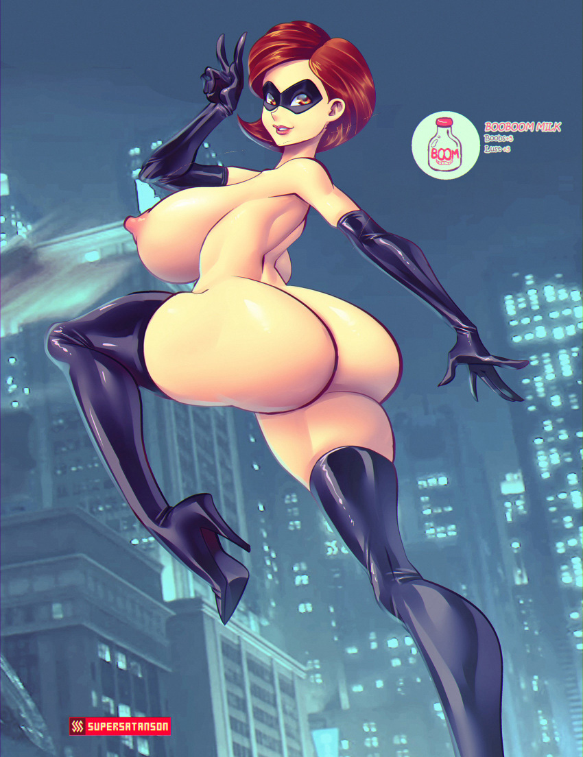 armwear, ass, backboob, black boots, boots, breast expansion, breast growth, breast growth (enlargement), breasts, brown hair, casual, clothing, curvy, disney, edit, elastigirl, elbow gloves, exposed torso, eyewear, female, footwear, gloves, gloves and boots only, handwear, helen parr, high heel boots, high heels, huge breasts, human, legwear, mask, milf, mostly nude, naked footwear, nipples, nude, nude female, pixar, public nudity, short hair, smooth skin, superheroine, supersatanson, the incredibles, thick thighs, thigh boots, thighhighs