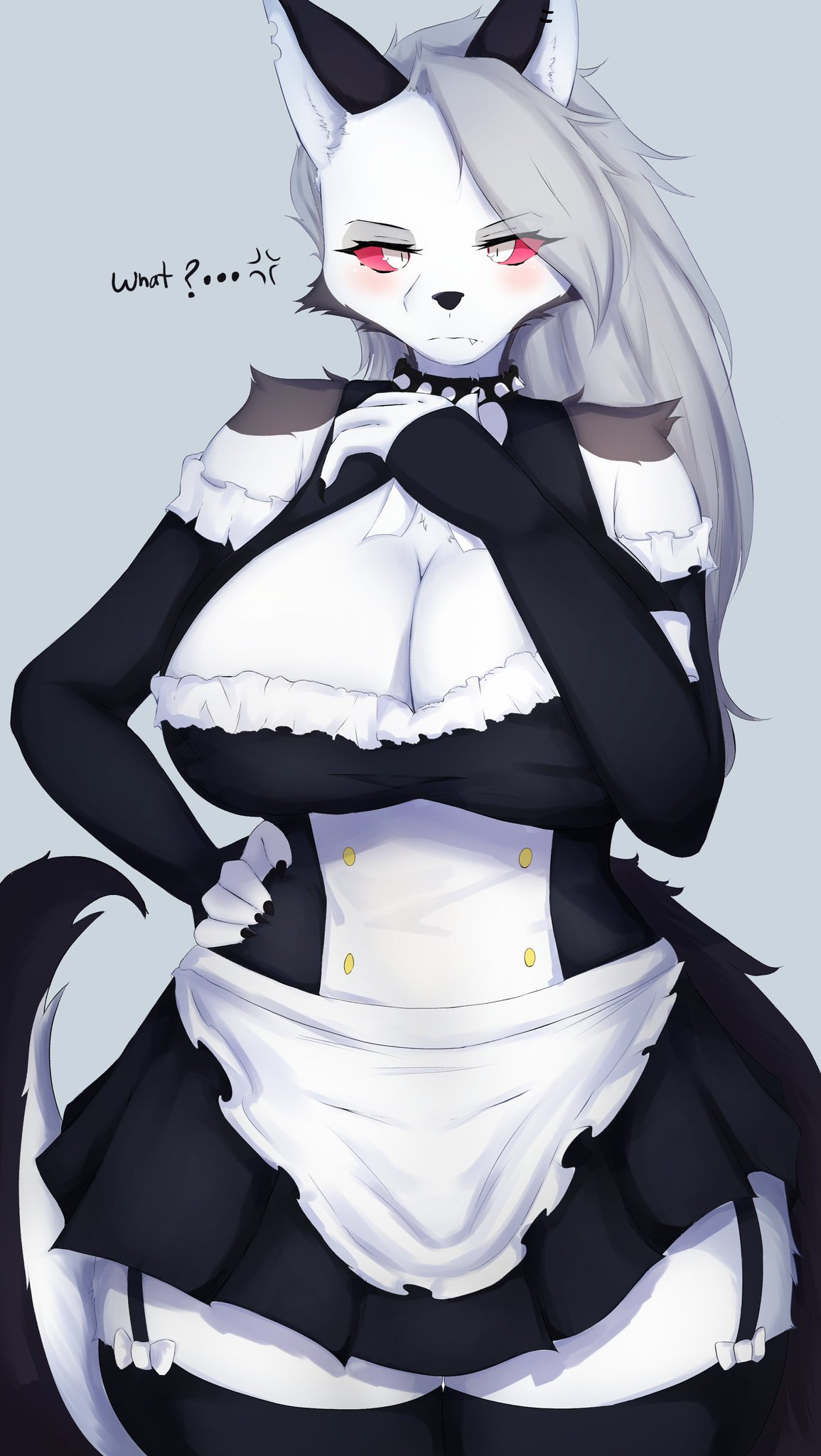 1girls anthro black_hair fluffy_tail fur furry grey_hair hellhound helluva_boss kyuukon_(qkonsan) loona_(helluva_boss) maid maid_uniform red_eyes tagme tail vivienne_medrano white_fur wolf