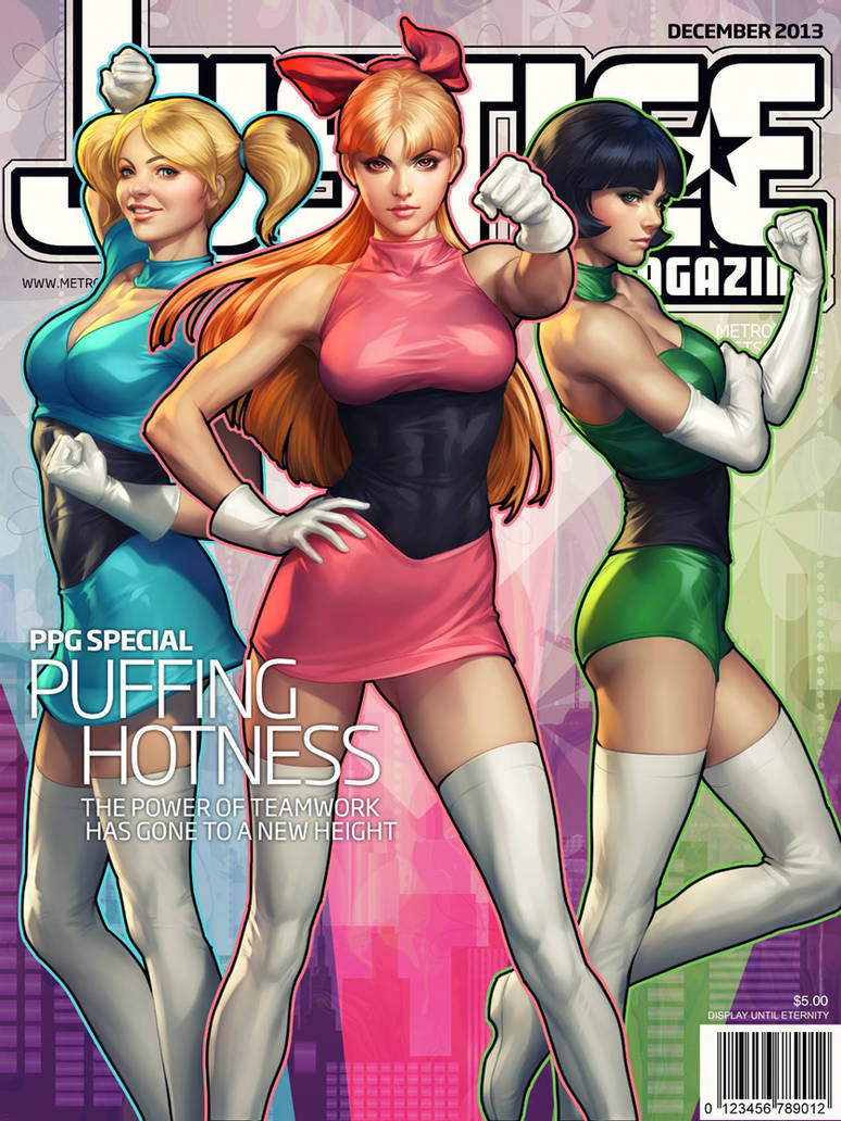 3girls artgerm black_hair blonde_hair blossom_(powerpuff_girls) boots bubbles_(powerpuff_girls) buttercup_(powerpuff_girls) cartoon_network color elbow_gloves female gloves hair_ribbon mature_female multiple_girls pigtails powerpuff_girls red_hair short_dress short_hair superhero superheroine thigh_boots toonami white_boots white_gloves