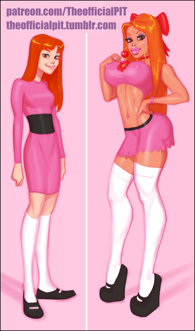 1girls, 2016, ass in dress, before and after, belly piercing, big lips, bimbo, bimbofication, blossom (powerpuff girls), breasts, cartoon network, colored, comparison, dual persona, earrings, erect nipples, exposed belly, eyeshadow, fake breasts, female, female focus, female only, heels, high heels, hoop earrings, large lips, light skin, light-skinned female, lipstick, lolipop, long hair, looking at viewer, makeup, midriff, miniskirt, nipples, petite, powerpuff girls, red hair, ribbon, skinny, smile, solo, solo female, tan skin, tanned, tanned skin, theofficialpit, thighhighs, wedge heels