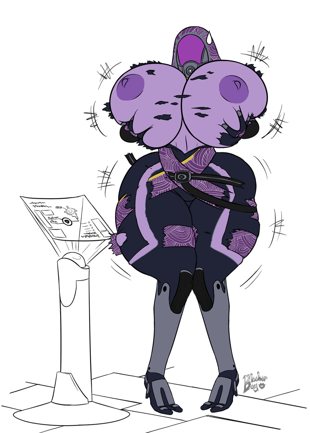 3 fingers, 3 toes, alien girl, bioware, blooberboy, breast expansion, breast growth, breast growth (enlargement), breasts, female, growth, huge breasts, masked female, mass effect, purple skin, quarian, tali'zorah nar rayya, torn clothes, visor