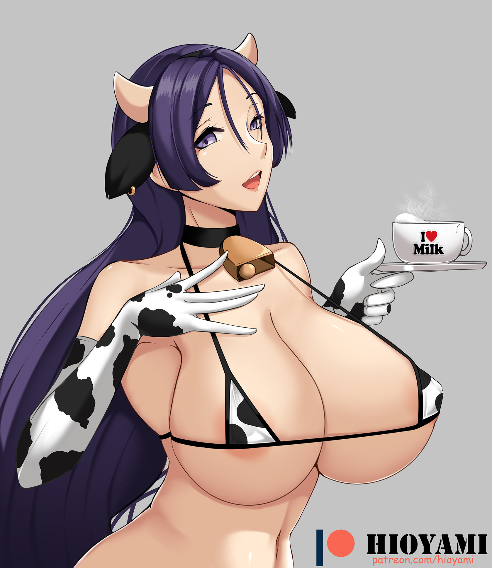 1girls, big breasts, bikini, breasts, cow bikini, cow ears, cow horns, cow print, cowbell, fate (series), fate/grand order, female, gloves, hioyami, huge breasts, long hair, minamoto no raikou (fate/grand order), purple eyes, purple hair, solo, voluptuous, wide hips