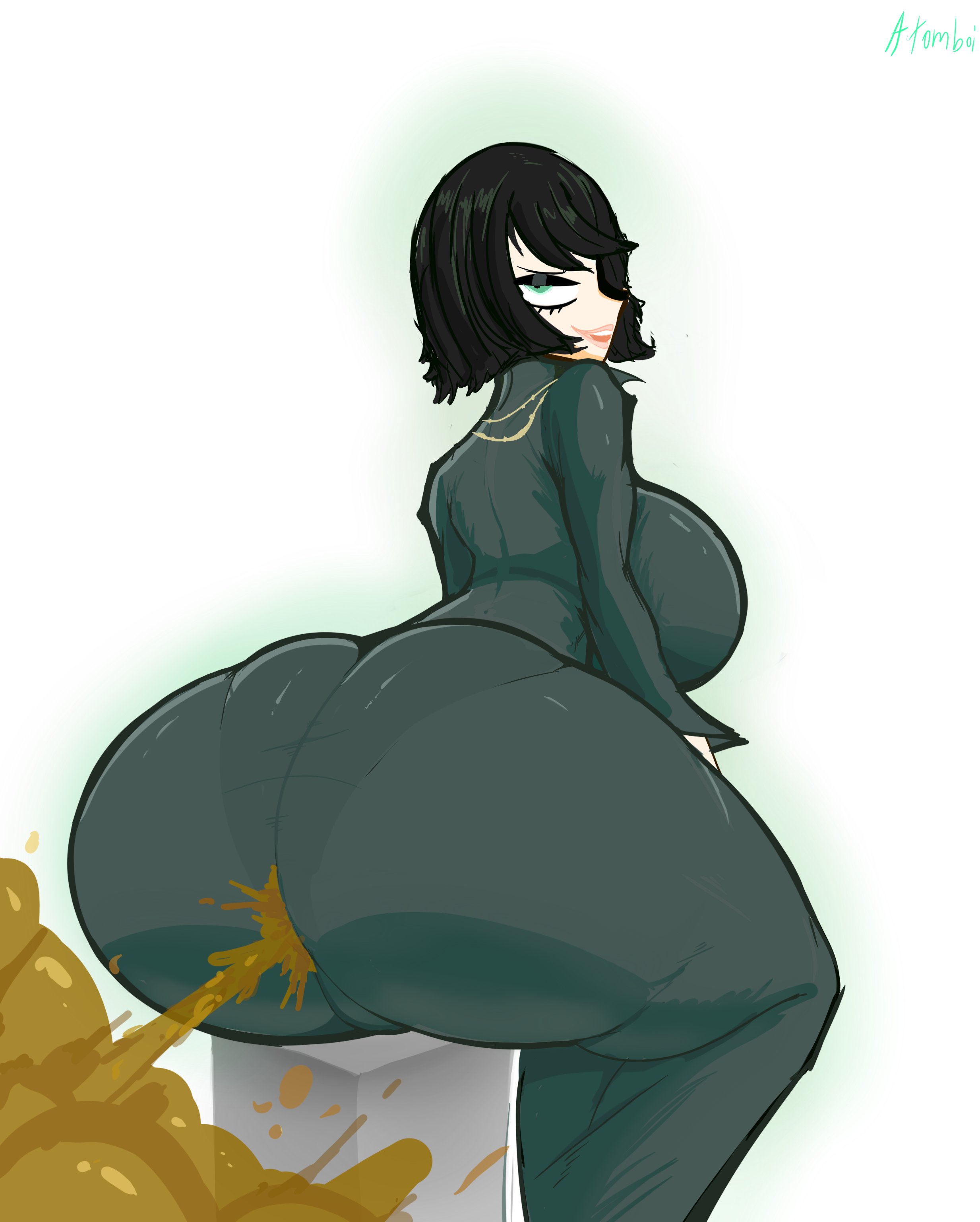 1girls, adomo, ass, ass in dress, atomboi (artist), breasts, fart, fart cloud, fart fetish, farting, female, fubuki (one-punch man), full of gas, huge ass, looking at viewer, one-punch man, sitting, thick thighs