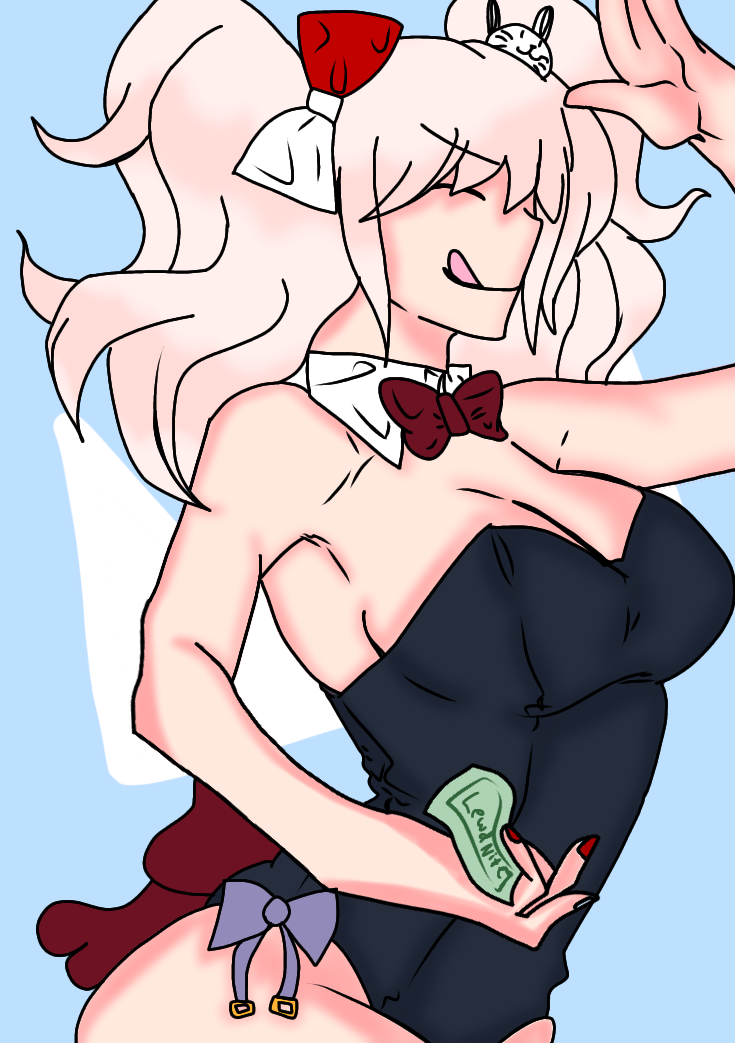 artist_request back_bow belt_on_leg belt_straps big_breasts blonde_hair blue_background blue_bow bunny_ears bunny_suit busty curvy danganronpa danganronpa:_trigger_happy_havoc danganronpa_(series) danganronpa_1 hair_clip junko_enoshima messy_hair mischievous mischievous_look mischievous_smile money prostitution red_bow red_bowtie red_nails straight_hair thick_thighs tongue tongue_out twintails voluptuous