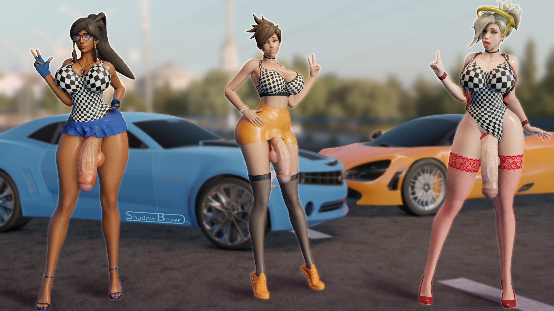 3d, 3futas, balls, big breasts, blender, breasts, cleavage, cock ring, dark skin, dark-skinned futa, futa only, futanari, hourglass figure, huge cock, intersex, large breasts, mercy, open toe shoes, overwatch, penis, pharah, pussy, race queen, shadowboxer, testicles, tracer