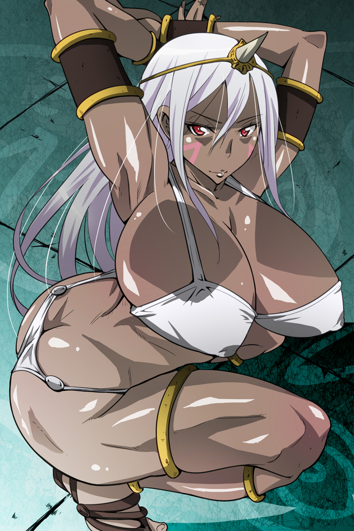 1girls anklet armlet ass battle_tendency big_breasts bikini breasts butt_crack curvy dark-skinned_female dark_skin erection_under_clothes facial_markings female hanging_breasts horn huge_breasts humanoid indoors jojo's_bizarre_adventure kunifuto long_hair looking_at_viewer muscular_female pillar_men pillar_woman pose shounen_jump silver_hair solo thick_thighs toned voluptuous white_hair wide_hips