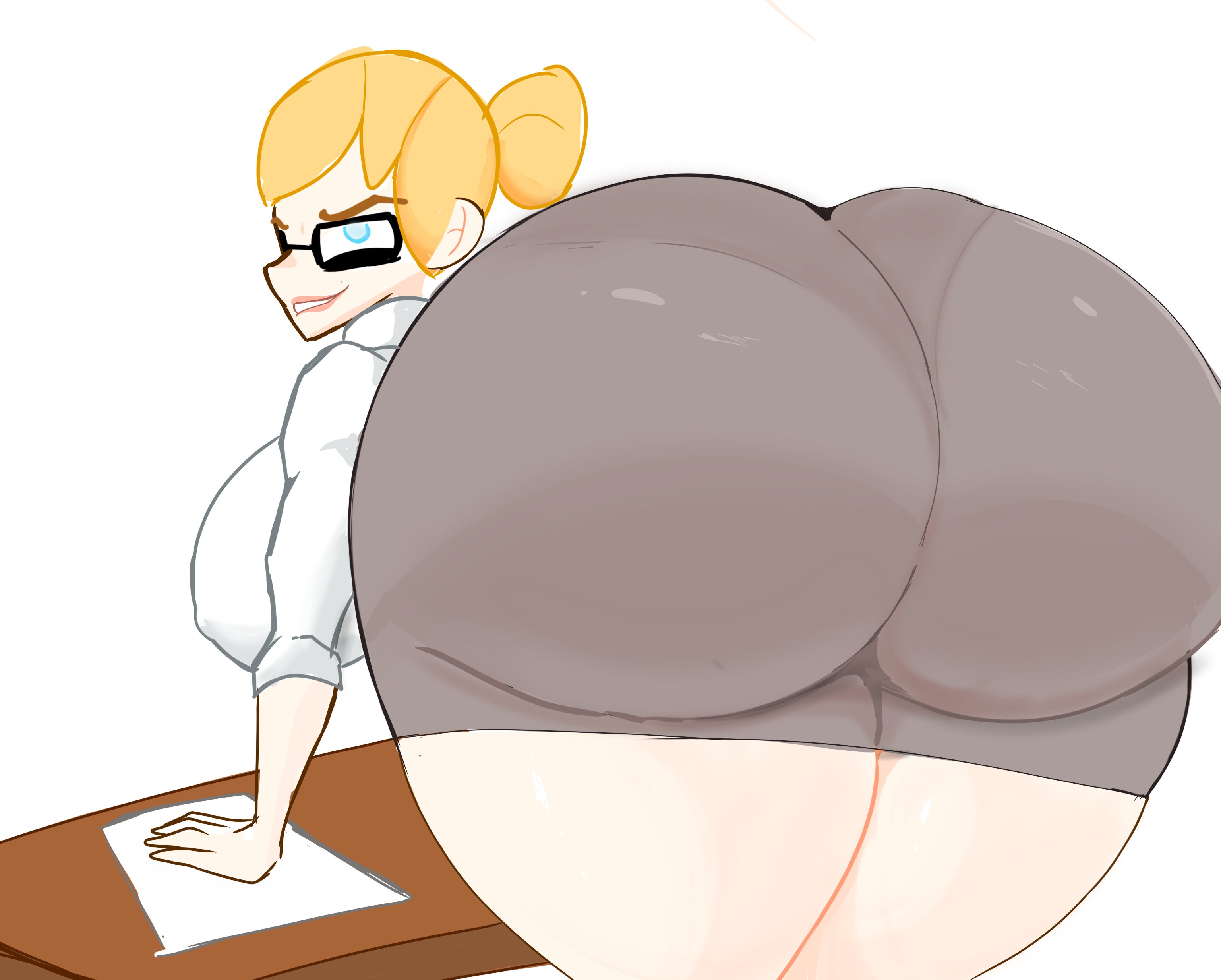 1girls, about to fart, adomo, ass, ass in dress, atomboi (artist), big breasts, breasts, desk, female, full of gas, huge ass, looking at viewer, mrs. laxeta (atomboi), teacher, thick thighs