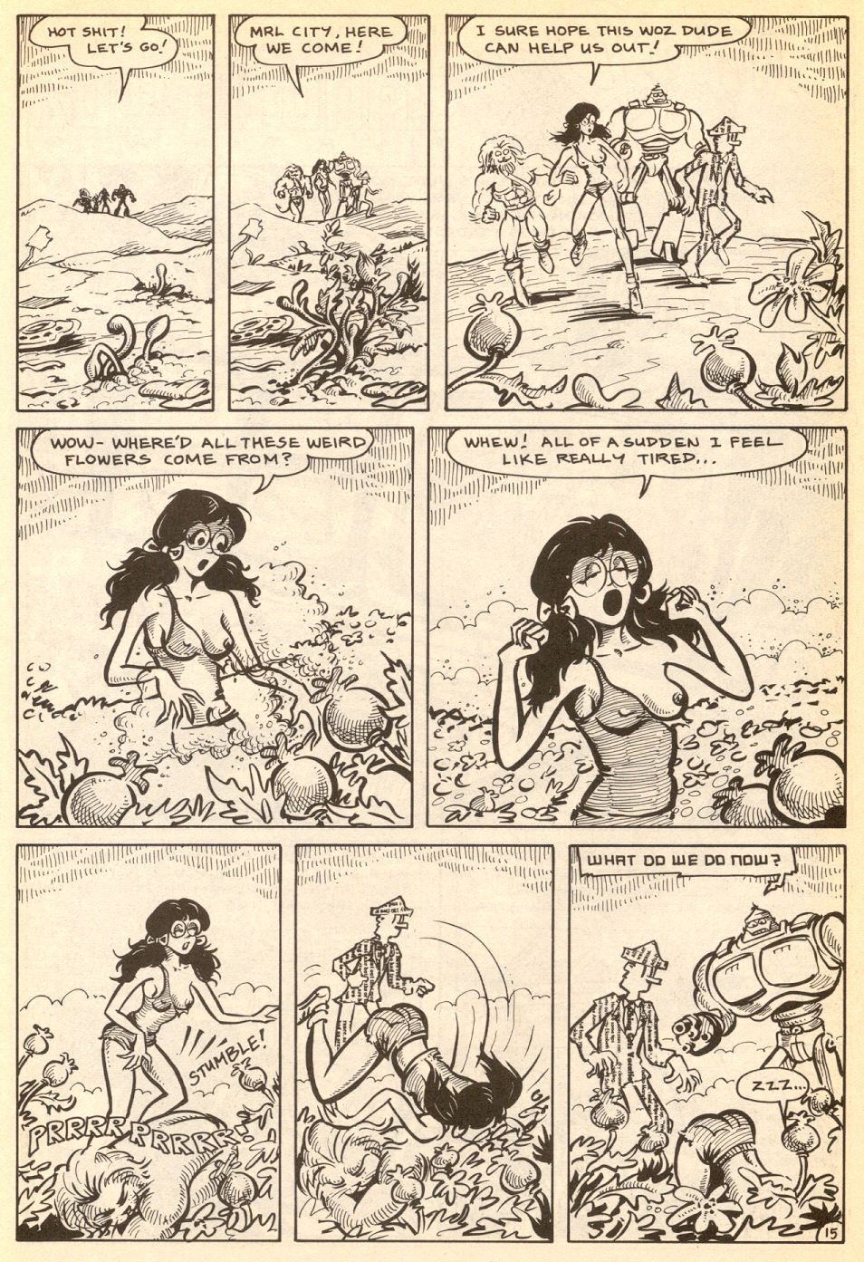 1girls 3boys black_hair breast cherry_poptart_(comic) comic comic_page dialogue ellie_dee fainted fall fell female flower flower_field flowers jean_shorts larry_welz lion lion_ears lion_man lion_tail lionman nipple nipple_bulge outdoors paperboy passed_out robot robot_boy sleeping sleepy straight_hair torn_tank_top weed weeds