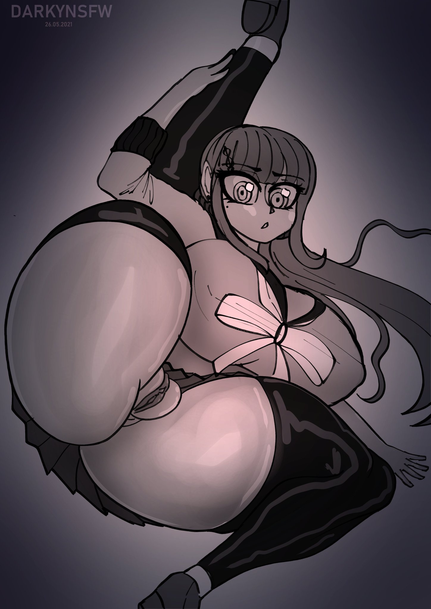 big breasts, breasts, clothed, danganronpa, danganronpa v3, darky, female, harukawa maki, huge breasts, leg up, legs up, long hair, looking at viewer, pussy, straight hair, thick thighs, uncensored, wide hips