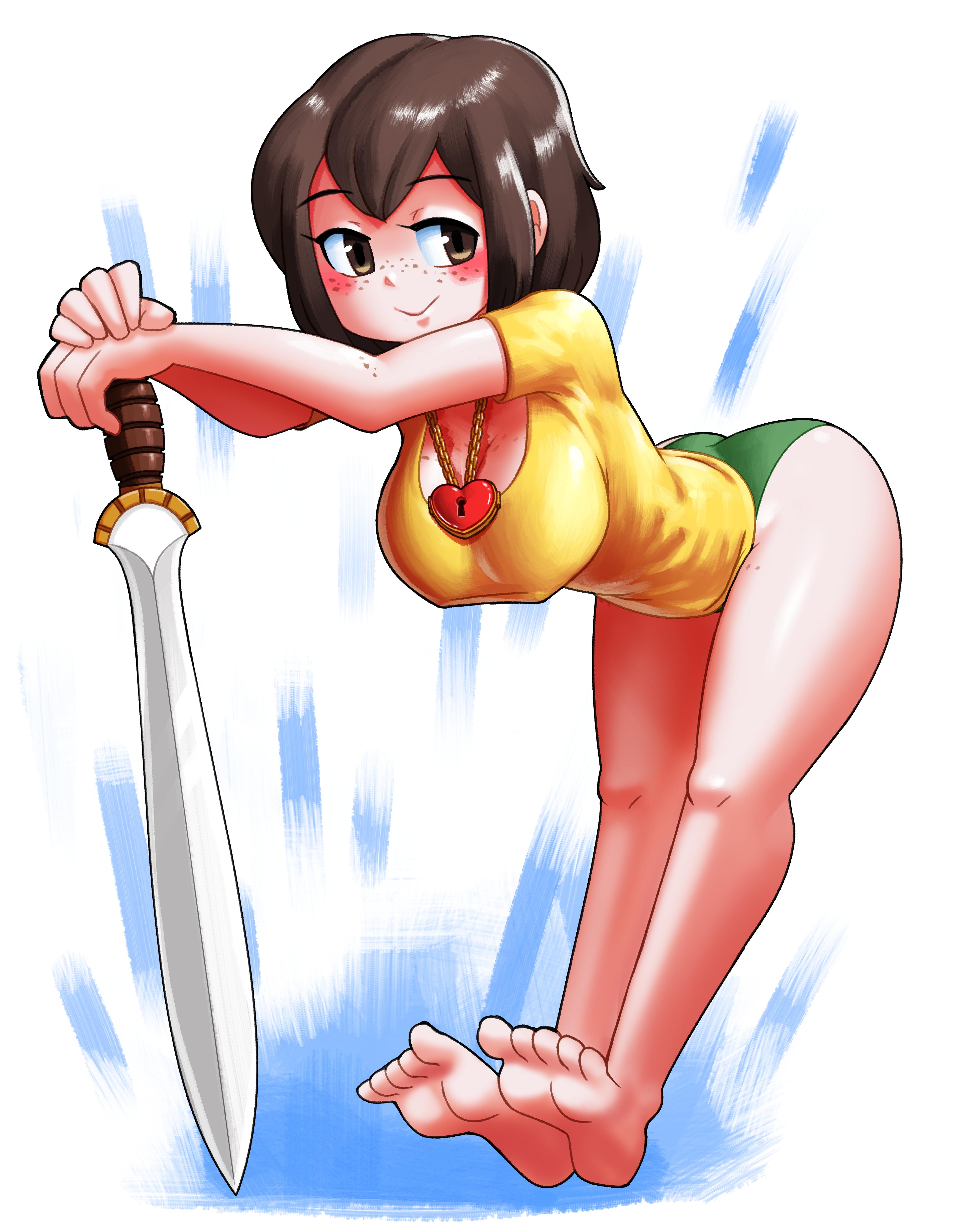 1girls, 2d, barefoot, blush, breasts, brown eyes, brown hair, chara, cleavage, clothed, clothing, feet, female, female chara, female only, freckles, human, human female, human only, large breasts, minus8, necklace, no pants, panties, shiny skin, shirt, short hair, smile, solo, sword, thighs, toes, undertale, undertale (series), weapon