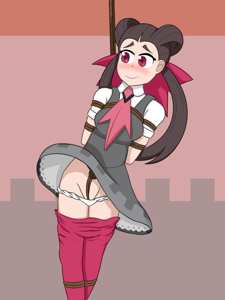 1girls arms_behind_back blush bondage bound bound_legs breast_bondage brown_hair crotch_rope embarrassed gym_leader long_hair nintendo panties panties_down pants_down pokemon pokemon_oras pokemon_rse red_eyes red_pants roxanne_(pokemon) roxanne_(pokemon_oras) skirt skirt_lift upskirt white_panties