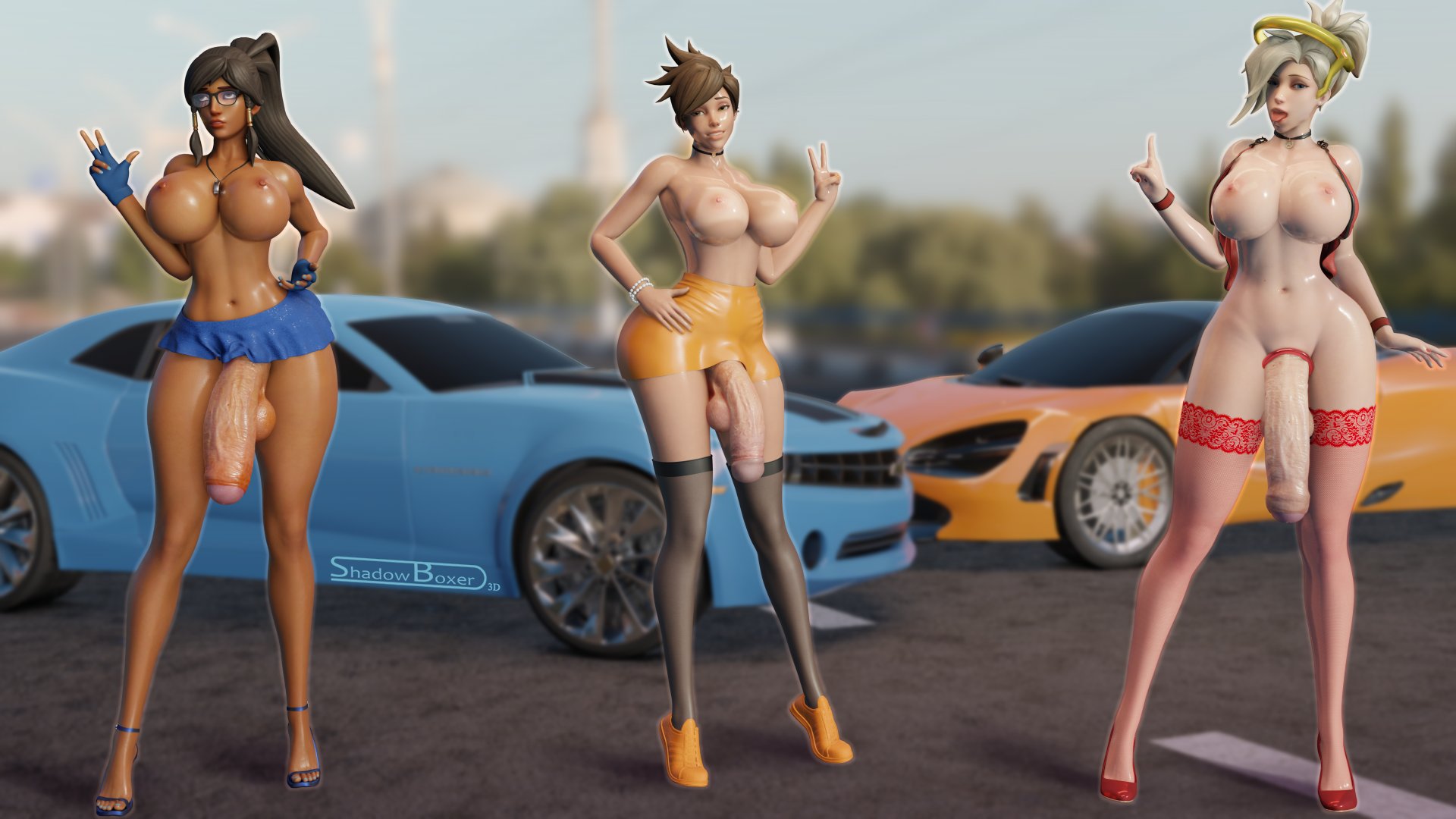 3d, 3futas, areolae, balls, big breasts, blender, breasts, cock ring, dark skin, dark-skinned futa, futa only, futanari, hourglass figure, huge cock, intersex, large breasts, mercy, nipples, overwatch, penis, pharah, pussy, race queen, shadowboxer, testicles, tracer