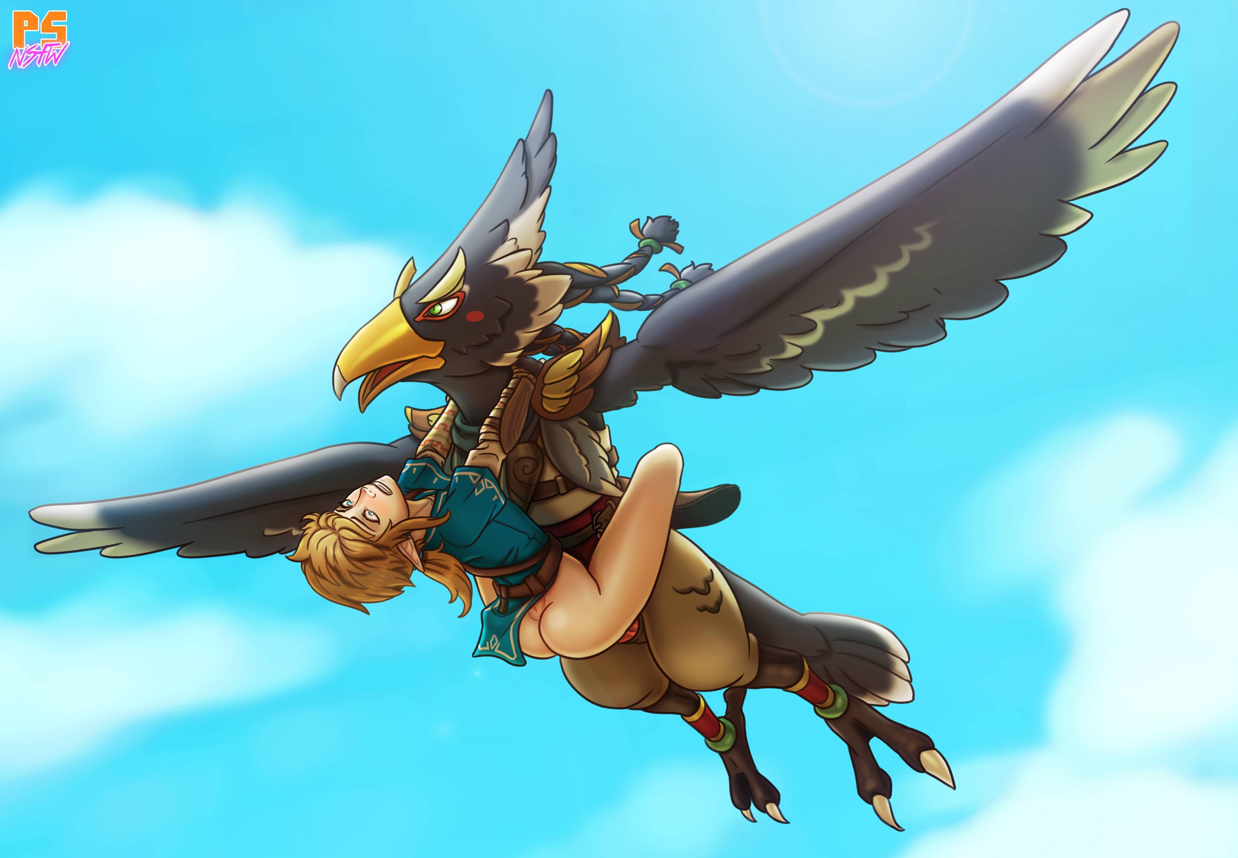 2boys, anal, anal sex, ass, beak, bird, blonde hair, blue eyes, blue fur, breath of the wild, feathers, femboy, flying, gay, green eyes, hylian, light skin, link, male, male only, male/male, nintendo, revali, sky, the legend of zelda, wings, yaoi