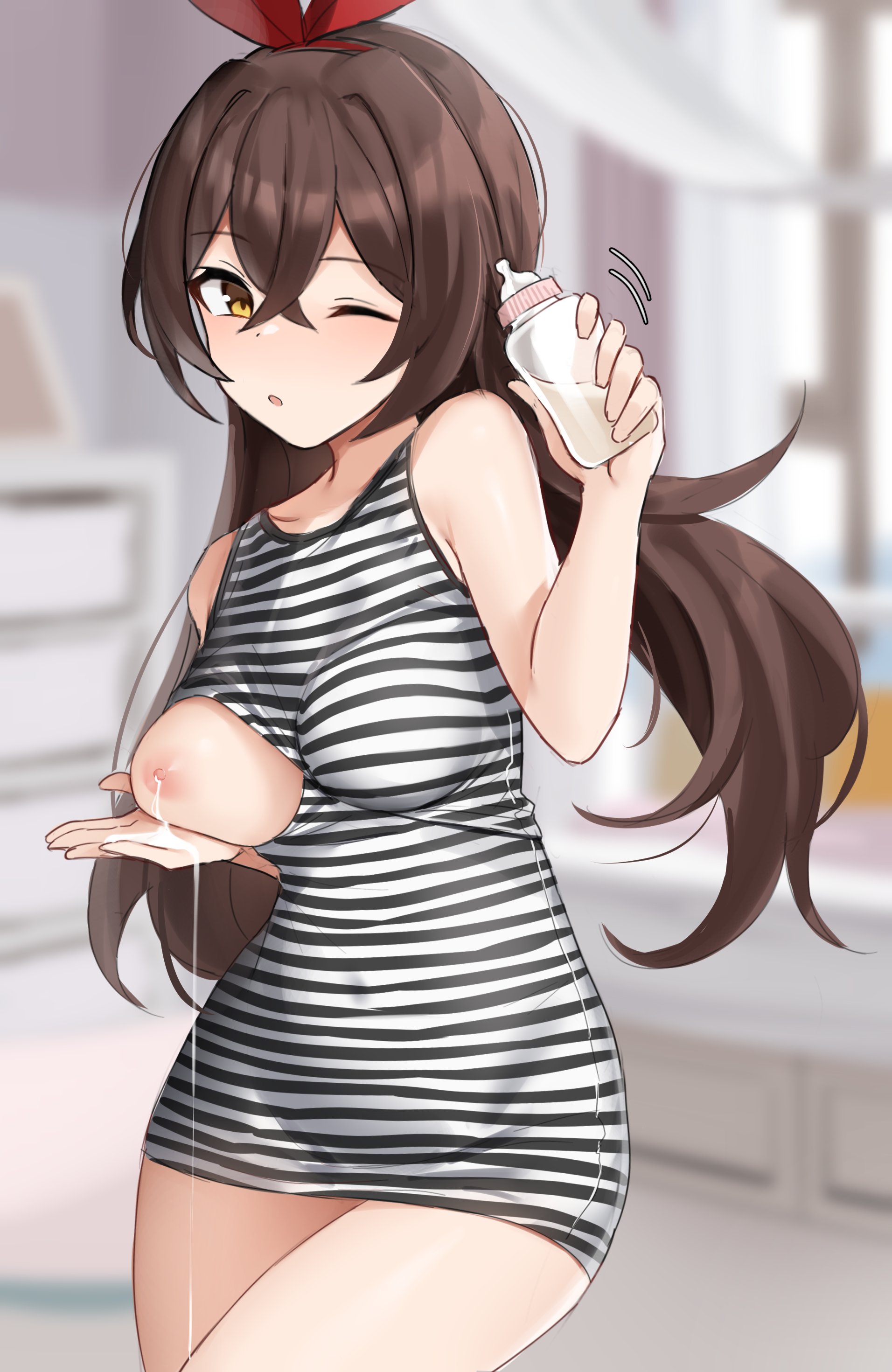 1girls, amber (genshin impact), baby bottle, breasts, dress, female, genshin impact, hair, hi res, lactation, long hair, looking at viewer, medium breasts, milk, nipples, no bra, one breast out, one eye closed, presenting breasts, shengtian, striped clothing