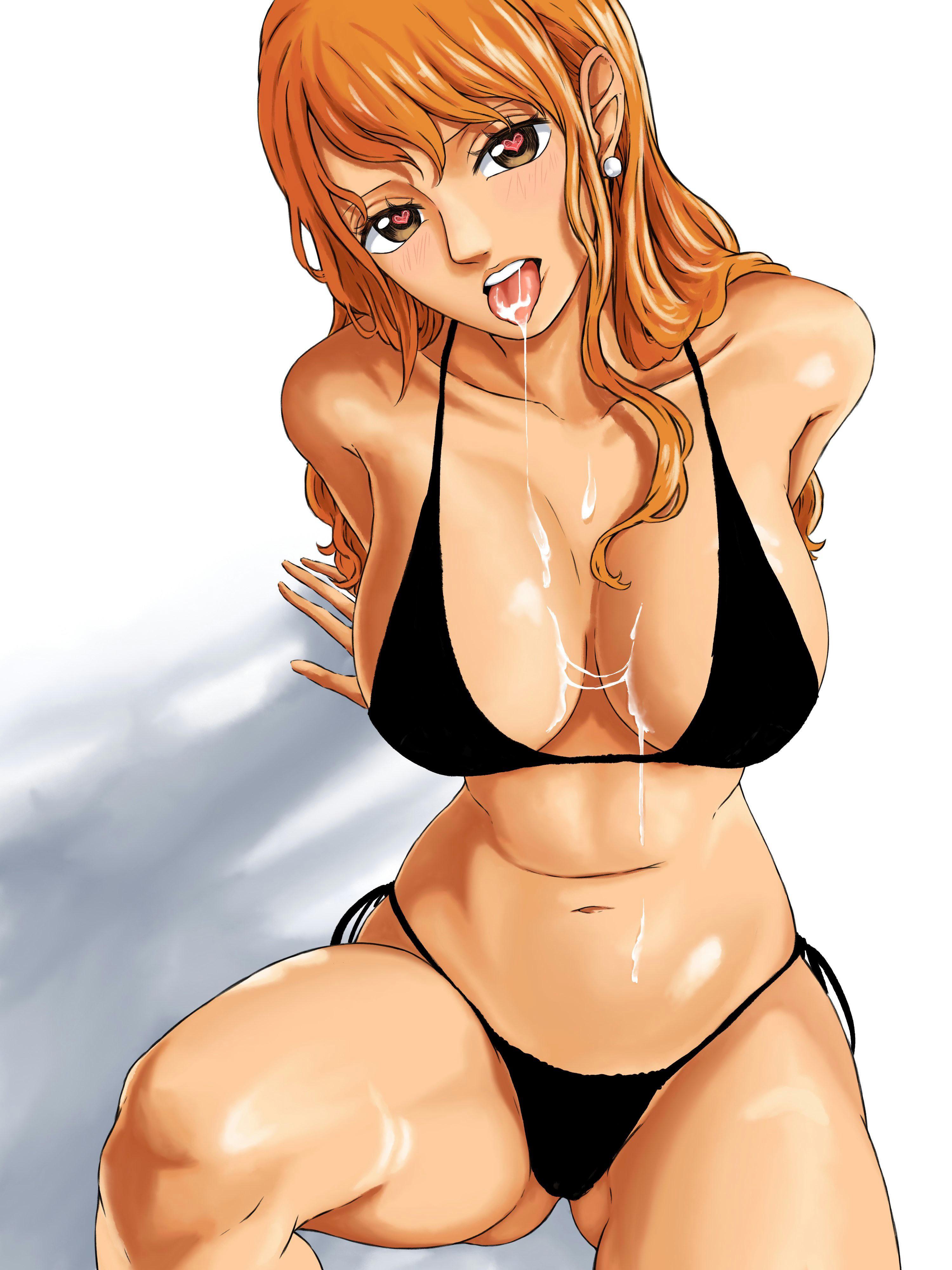 1girls, bikini, bikini bottom, black bikini, cum, female, female only, horny, naked, nami (one piece), one piece, orange hair, orange-haired female, pose, shellmaru