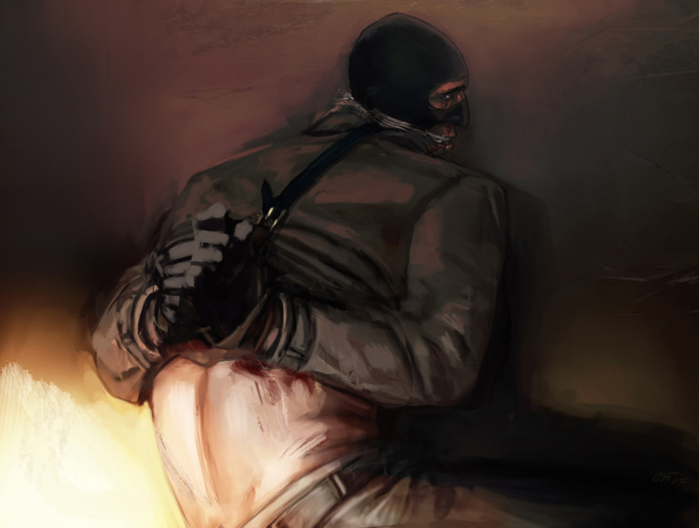 1boy, arms behind back, balaclava, blood, bloody nose, bound, clothed, domination, dubious consent, eye contact, gag, gagged, gay, imminent rape, leash, light bondage, looking at viewer, male, male focus, male only, non-con, possible rape, pov, restrained, scared, shirt up, spy (team fortress 2), team fortress 2