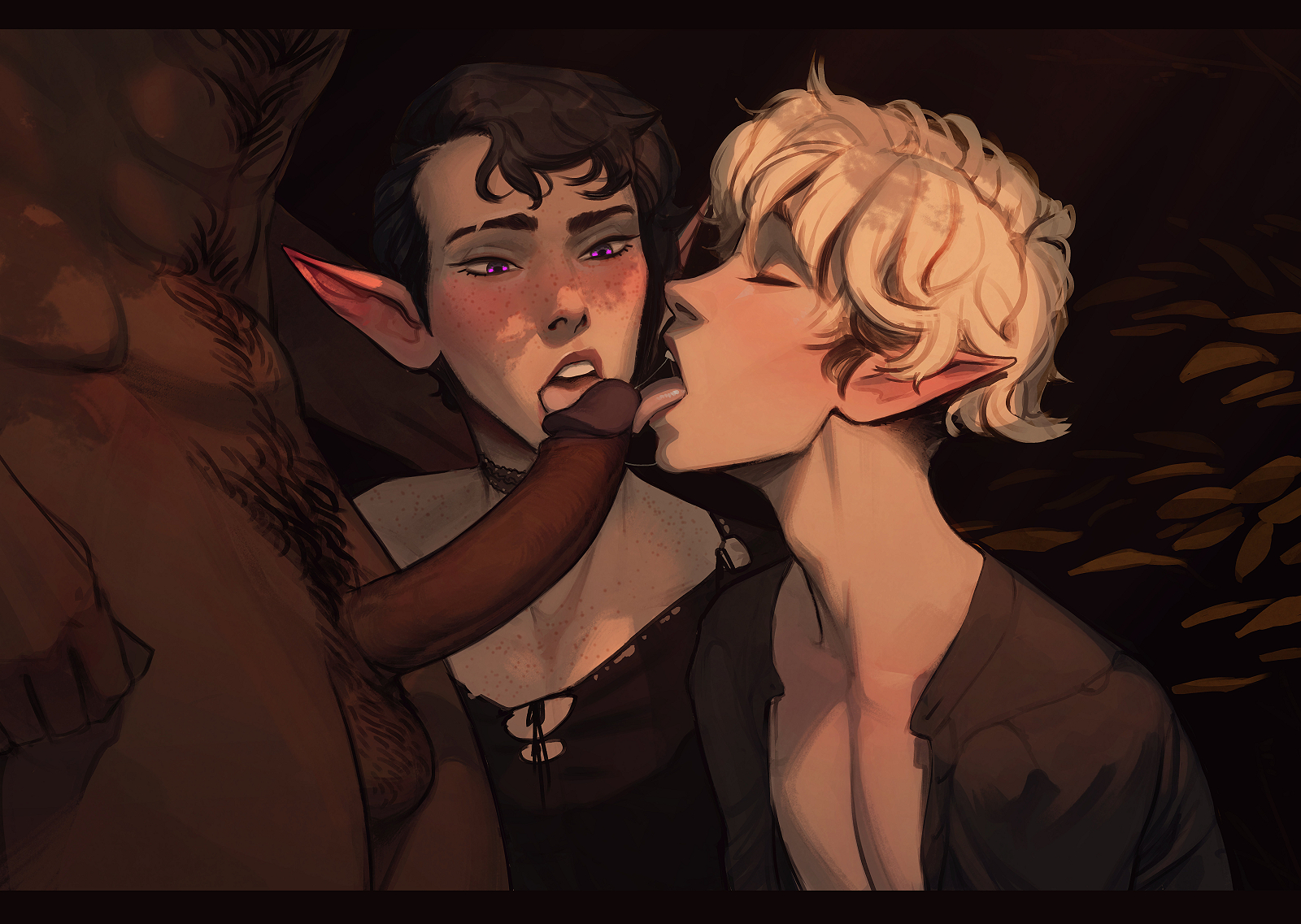 3boys, abs, big penis, collaborative fellatio, cute male, dark skin, dark-skinned male, elf, elf femboy, elf male, fellatio, femboy, freckles, gay, human on male, humanoid, incase, interracial, licking penis, light skin, light-skinned femboy, light-skinned male, male, male only, male/male, multiple boys, multiple males, penis, pointy ears, purple eyes, twink, yaoi
