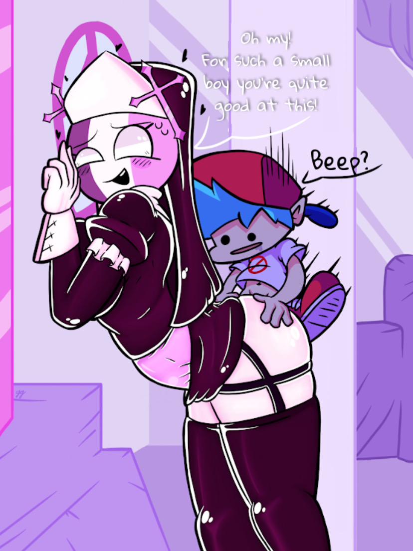 1boy, 1girls, blush, boyfriend (friday night funkin), curvy figure, edit, female, friday night funkin, gotig1231, hat, high heel boots, male, mid-fight masses, nun, sarvente (dokki.doodlez), sex, short hair, size difference, smaller male, text, thick thighs