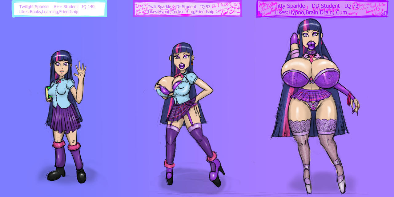 1girls, ass expansion, bimbo, bimbofication, bradtanker3, brainwashing, breast expansion, breast growth, breast growth (enlargement), breasts, english text, equestria girls, female, female only, high heels, huge breasts, hyper bimbo, identity death, iq loss, lingerie, looking at viewer, my little pony, platform heels, purple hair, solo, text, thick lips, transformation, transformation sequence, twilight sparkle (mlp)