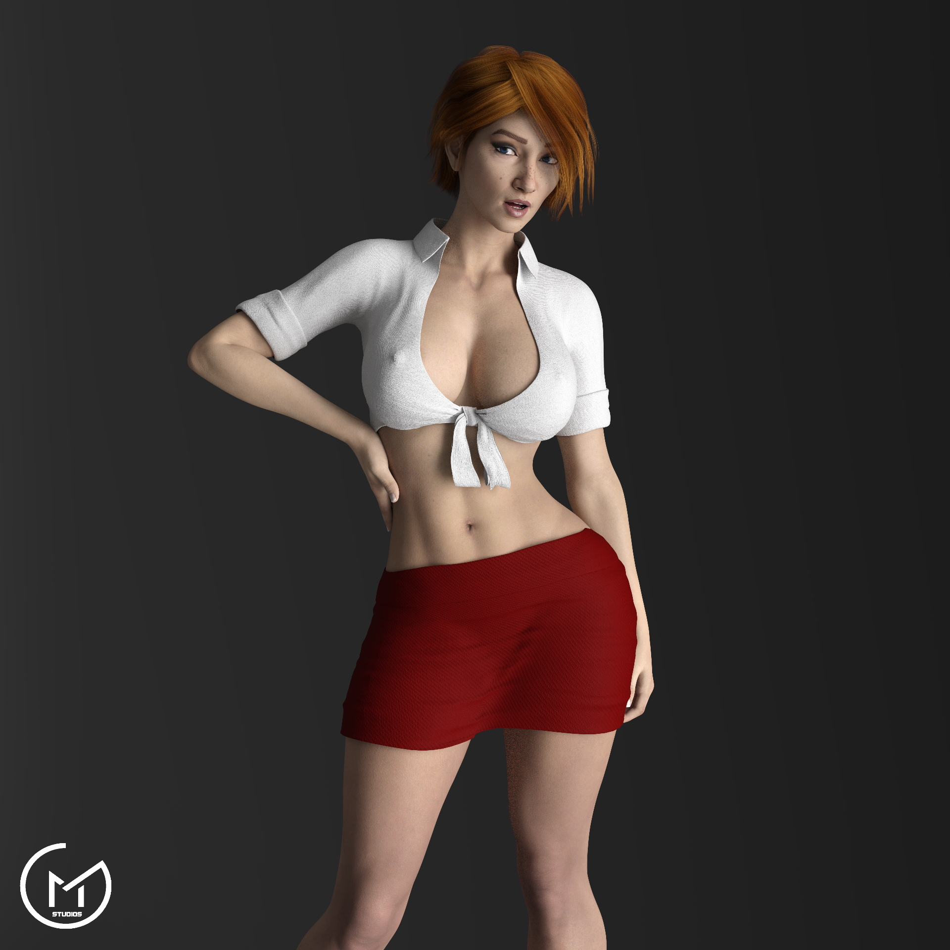 1girls, 3d, apex legends, blue eyes, breasts, cleavage, clothed, female, female only, freckles, gm studios, hand on hip, horizon (apex legends), large breasts, midriff, milf, navel, nipples visible through clothing, open mouth, posing, red hair, revealing clothes, short hair, skirt, solo, tied shirt