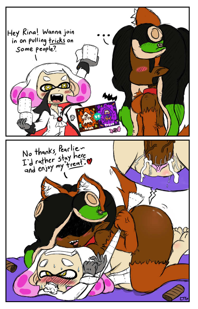 1futa, 1girls, arms tied, big dom small sub, cum, cum in pussy, cum inside, dark skin, dark-skinned futa, dialogue, doggy style, female, femsub, full-package futa, futa on female, futadom, futanari, halloween, halloween costume, instant loss 2koma, interracial, intersex, larger futa, lewdtoonyguy, light skin, light-skinned female, marina (splatoon), pearl (splatoon), pussy, rape, size difference, smaller female, splatfest, splatoon, splatoon 2, toilet paper