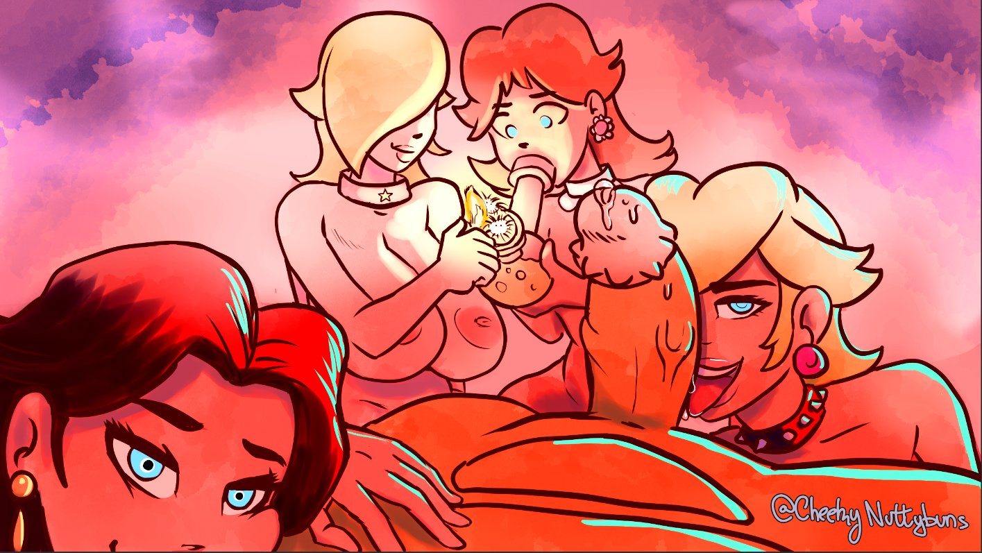 1boy, 4girls, bad end, big breasts, big penis, blonde hair, blue eyes, bowser, breasts, broken rape victim, brown hair, captured heroine, cheekynuttybuns, corrupted, corruption, earrings, erection, faceless, female, femsub, glans, licking, licking penis, looking at viewer, male, male pov, mario (series), mind break, monster, multiple females, multiple girls, nintendo, nipples, nude, nude female, nude male, pauline, penis, pov, pov eye contact, precum, princess daisy, princess peach, princess rosalina, rape, signature, unseen male face