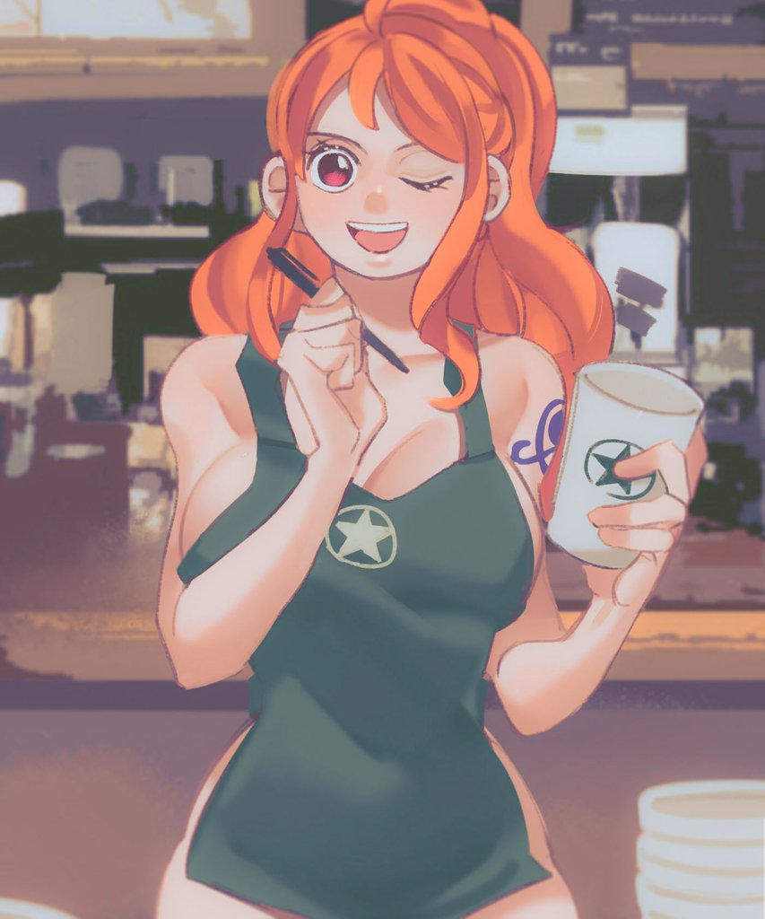 1girls, apron, apron only, arm tattoo, big breasts, blue tattoo, breasts, coffee shop, cup, curvy, female, female only, iced latte with breast milk, long hair, meme, naked apron, nami (one piece), one piece, orange hair, orange-haired female, pandar op, pen, smile, solo, starbucks, tattoo, thick, wink